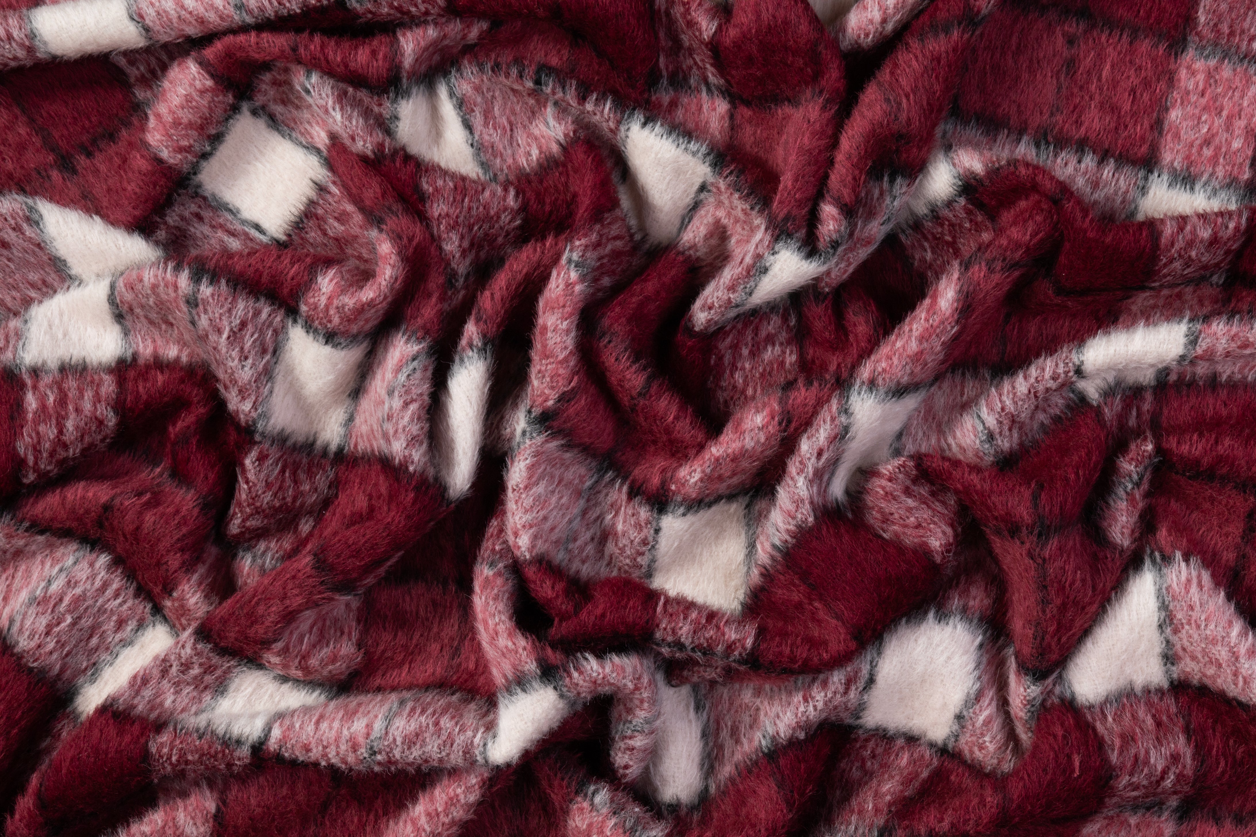 Checked Italian Alpaca Wool Coating - Burgundy / White