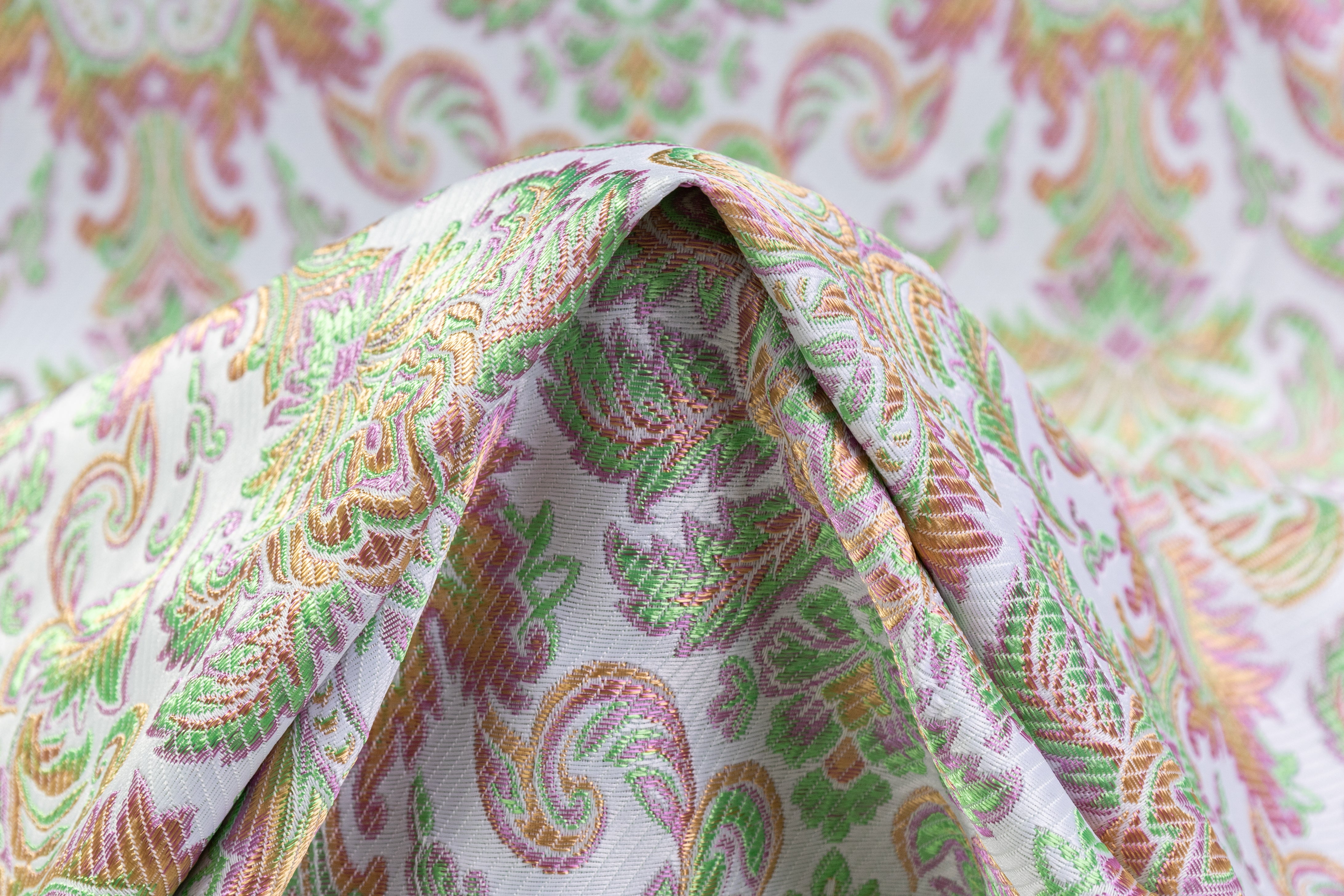 Italian Damask Brocade - White / Green / Gold
