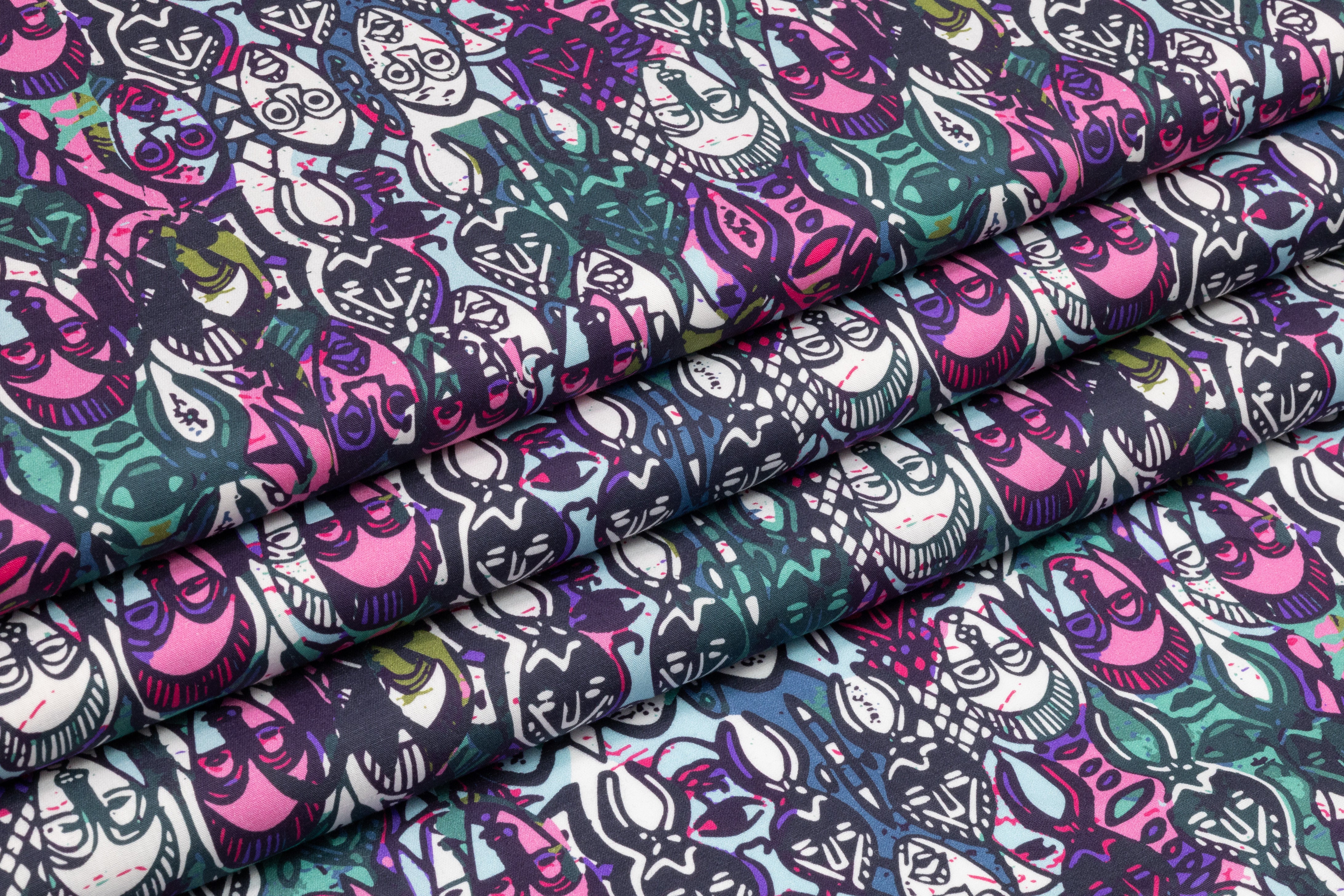 Tribal Mask Italian Cotton - Teal / Pink
