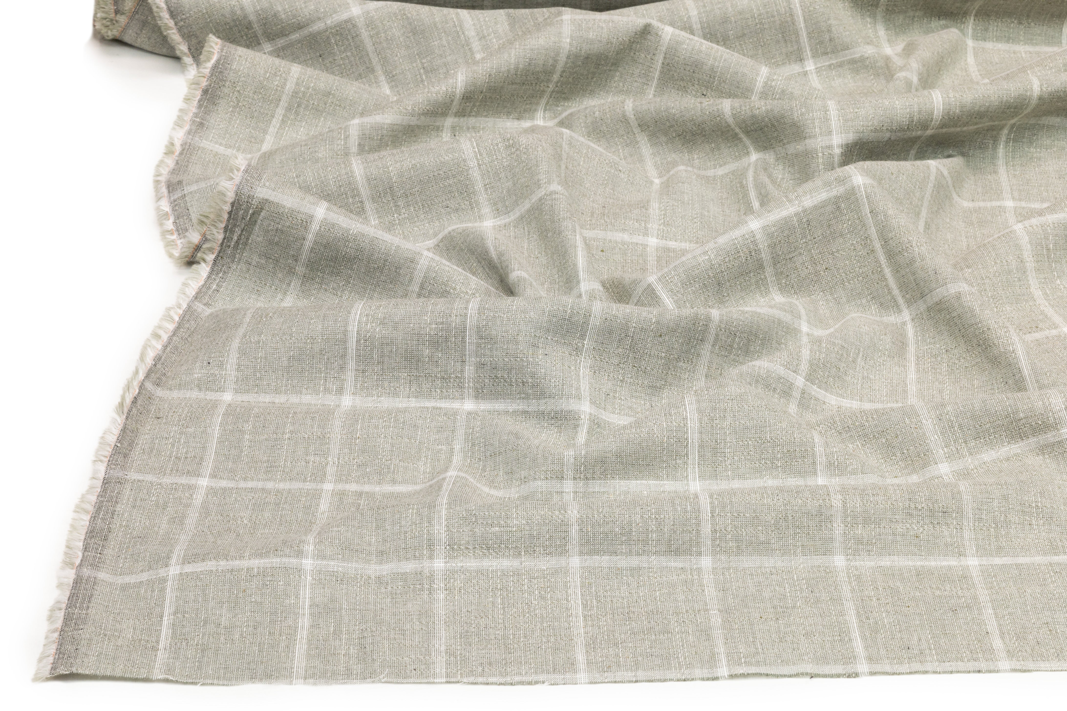 Windowpane Italian Cotton Linen Wool Suiting - Sage Green
