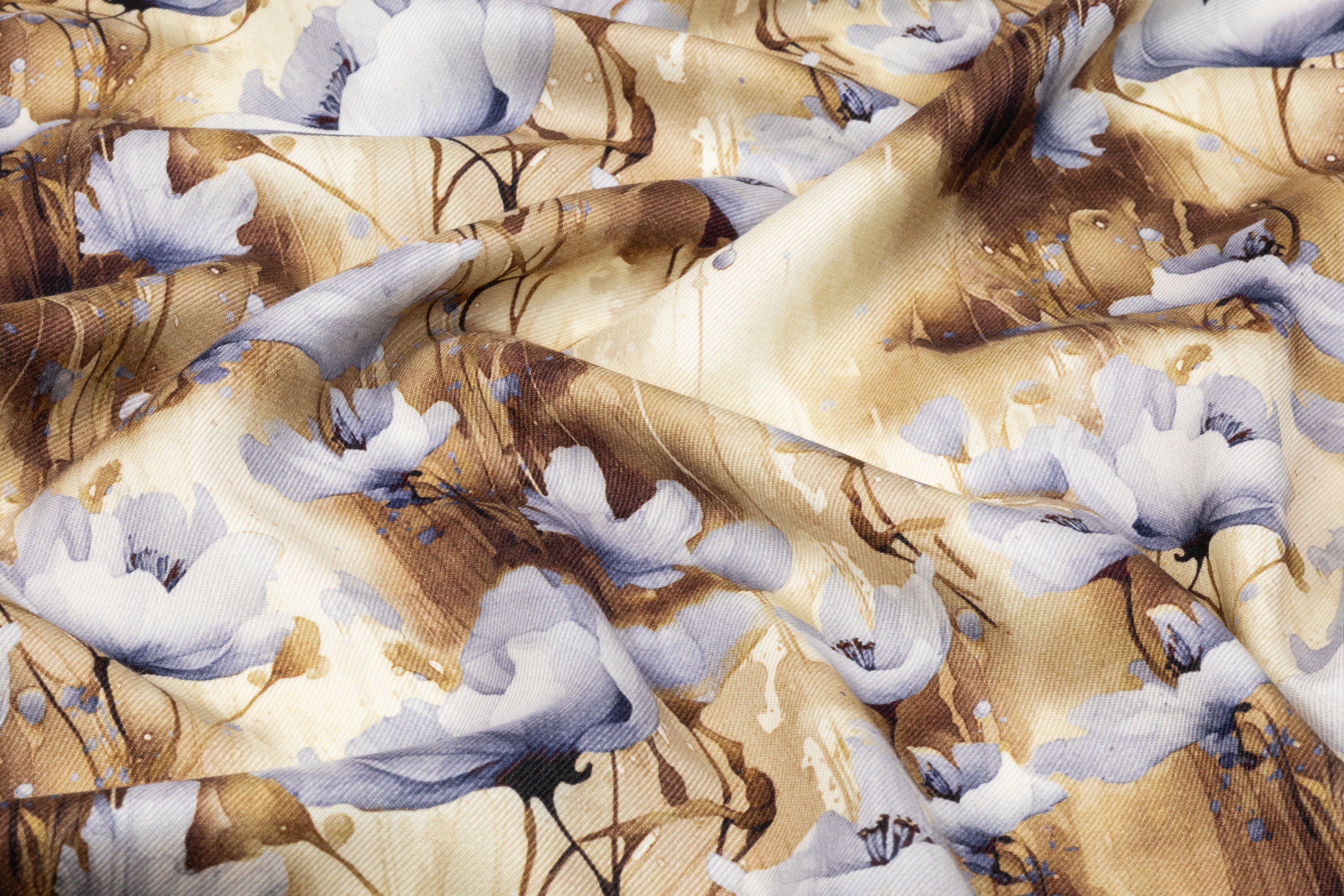 Floral Italian Silk And Wool Twill - Brown / Blue / Ivory