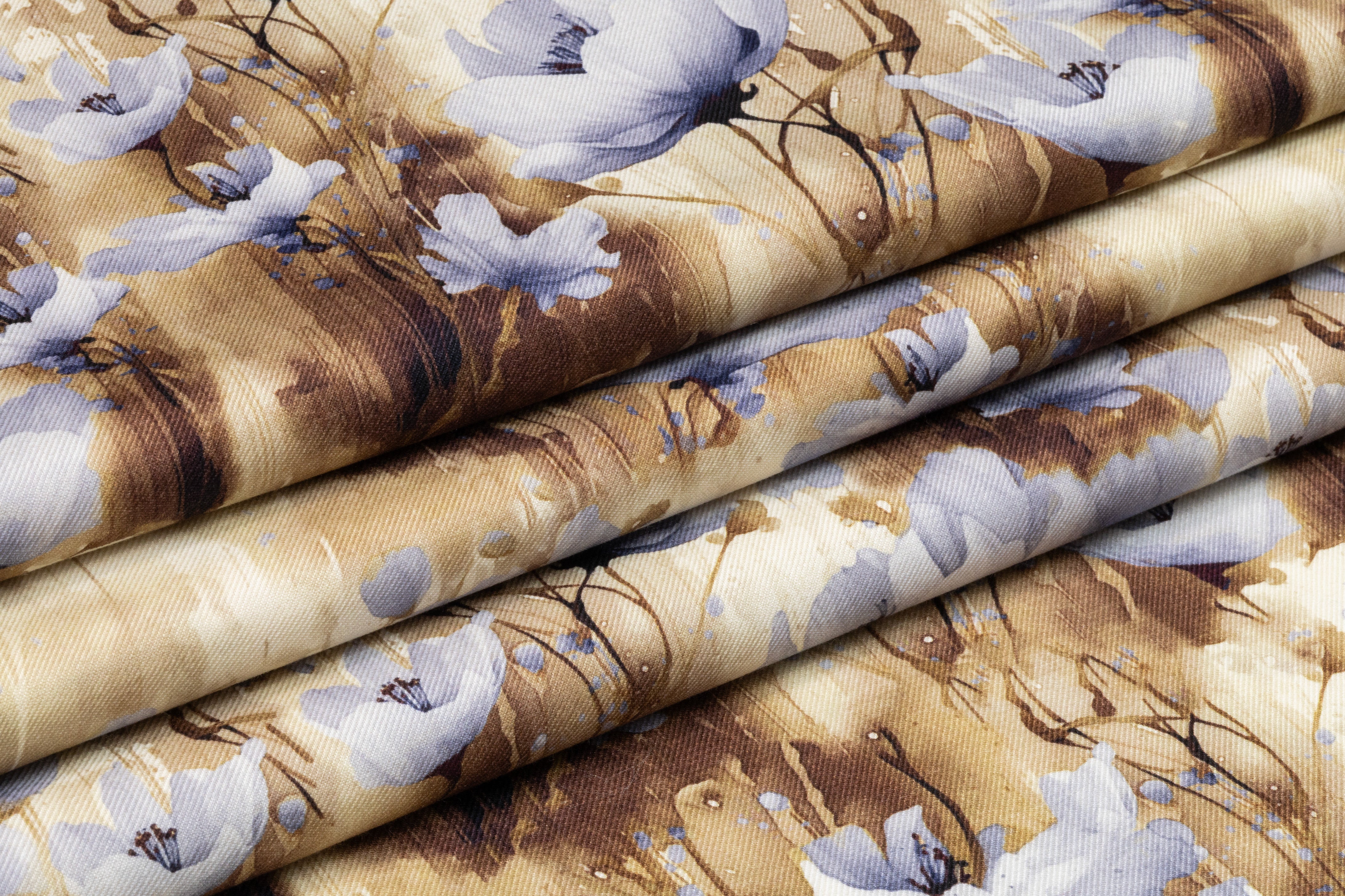 Floral Italian Silk And Wool Twill - Brown / Blue / Ivory
