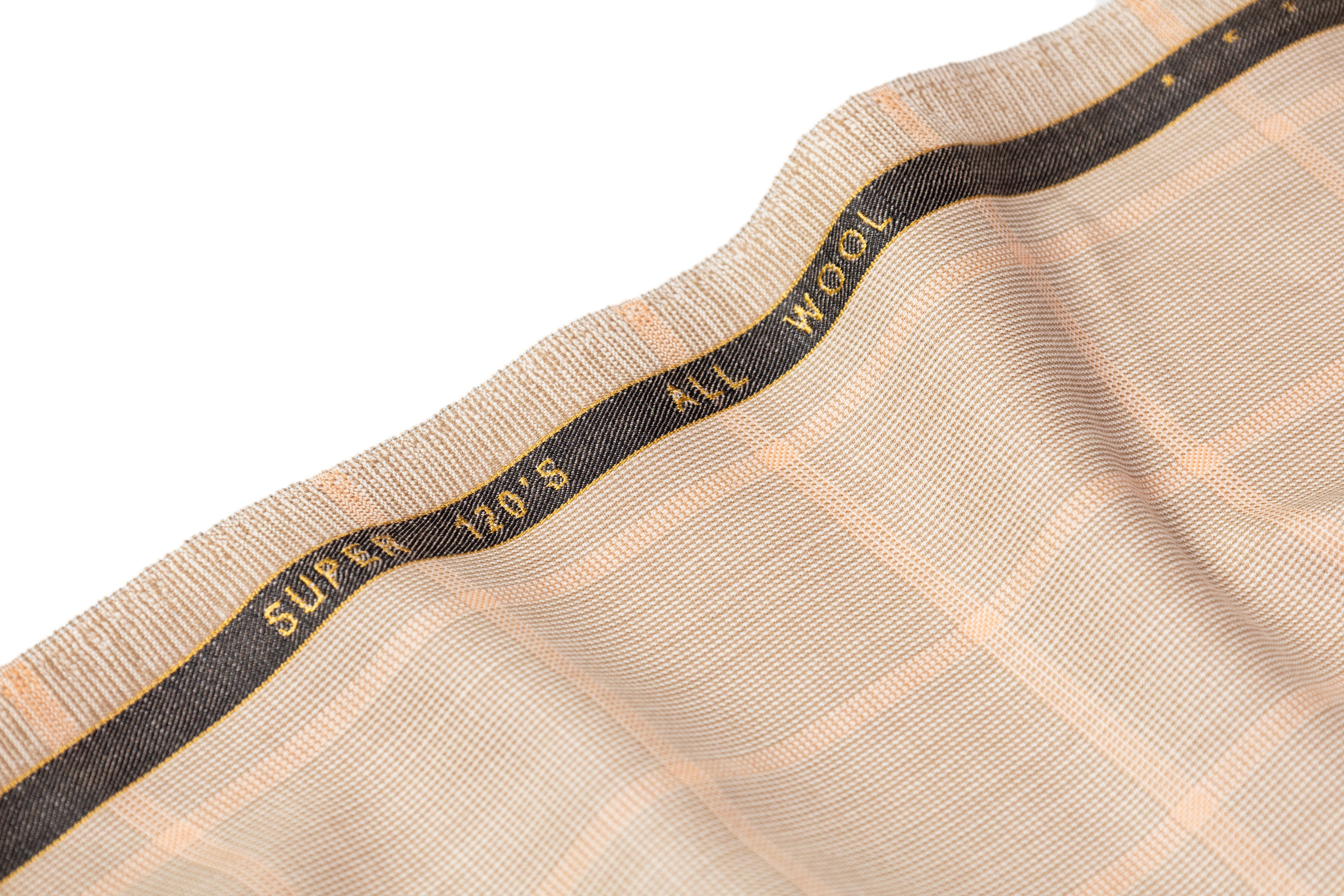 Checked Italian Super 120s Italian Wool Suiting - Beige / Peach