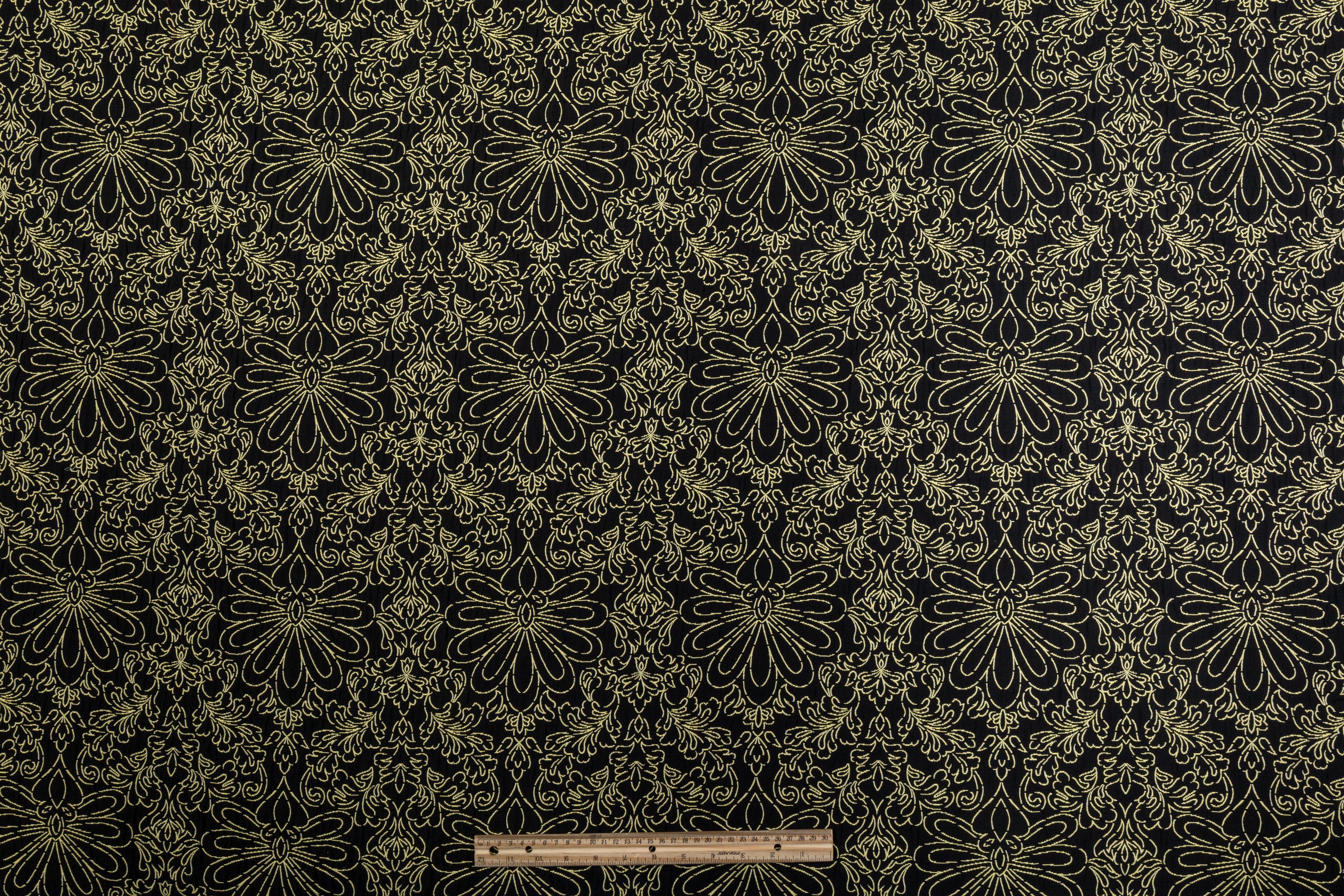 Floral Poly Cotton Crushed Brocade - Black / Yellow