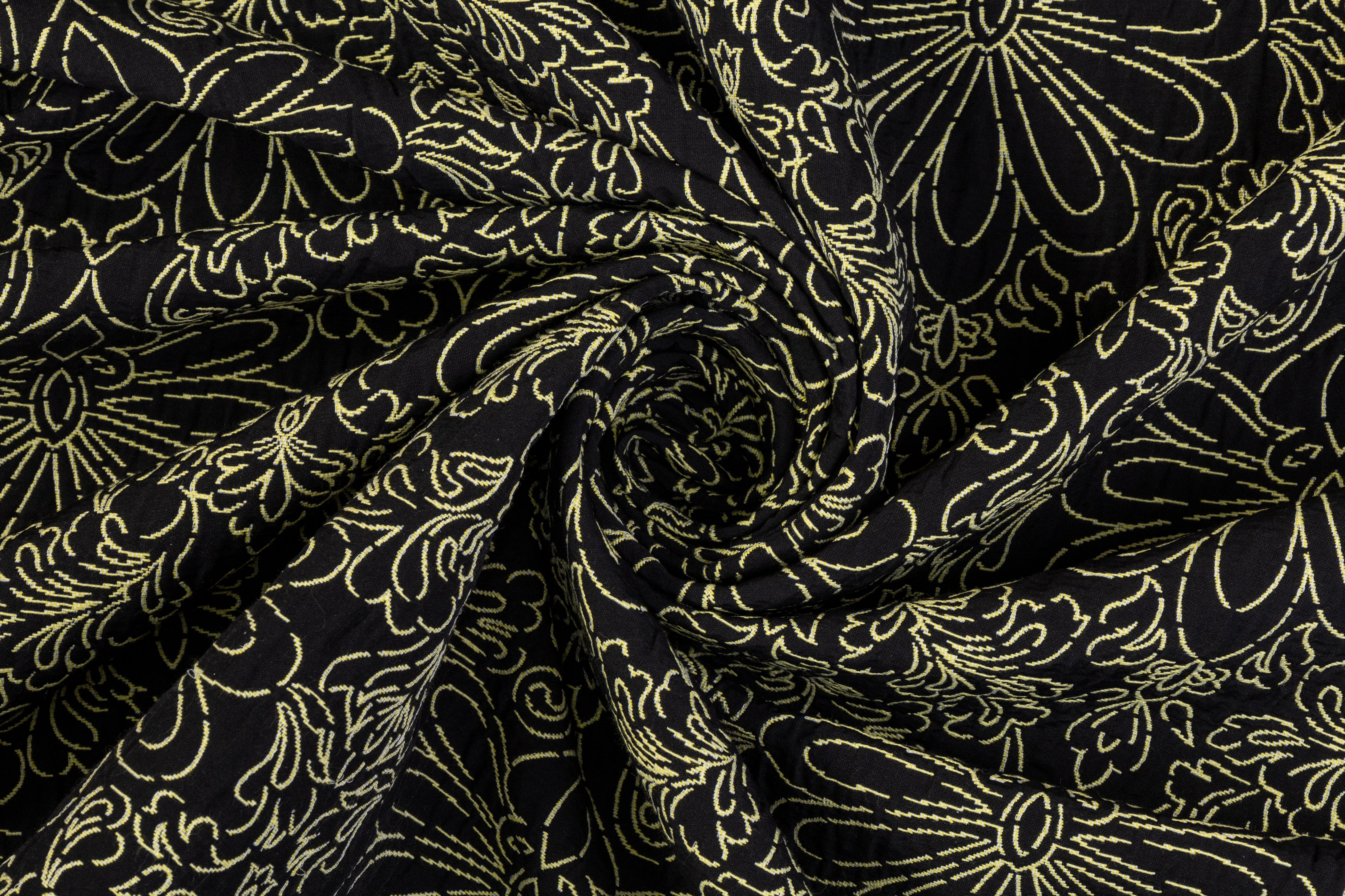 Floral Poly Cotton Crushed Brocade - Black / Yellow