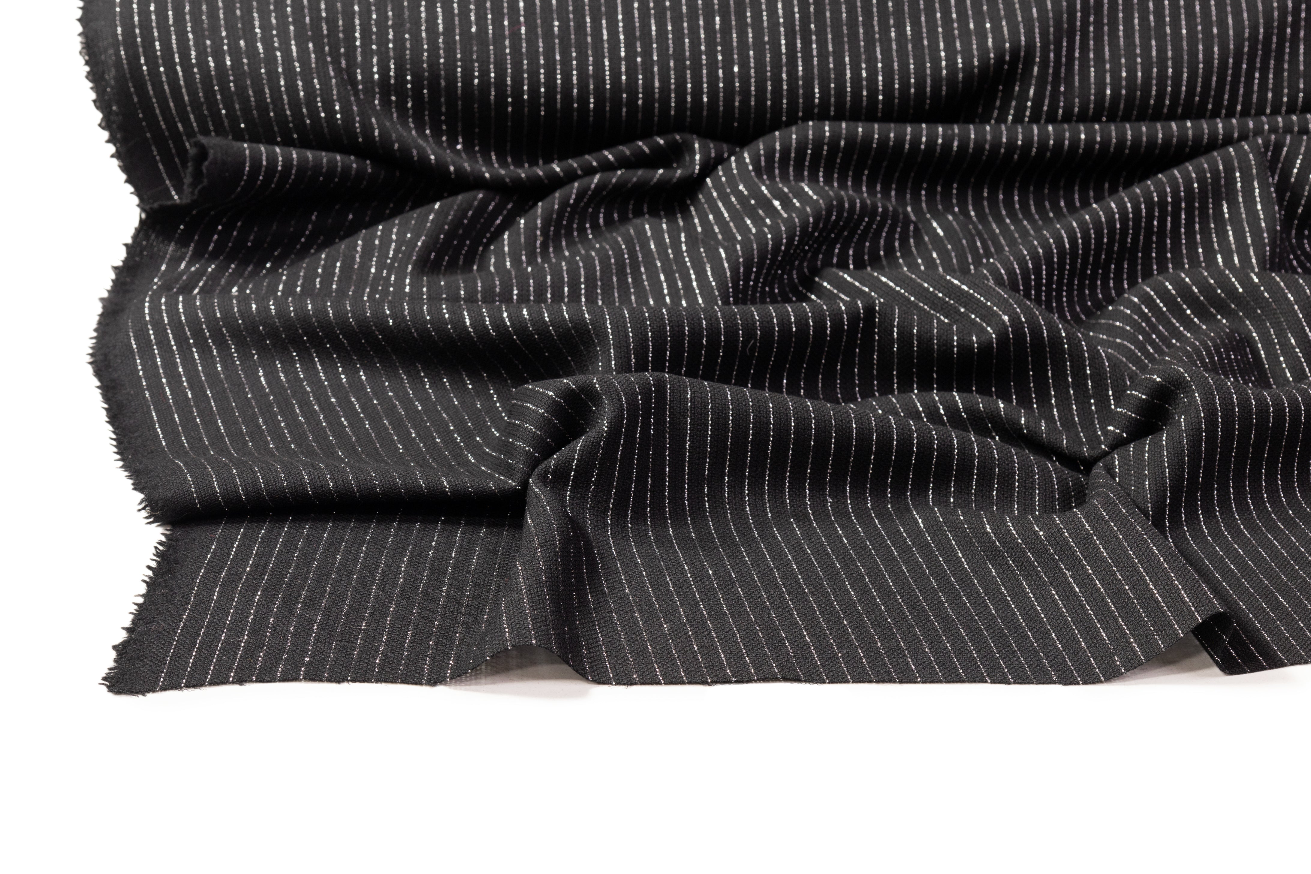 Metallic Striped Italian Wool Crepe - Black / Silver