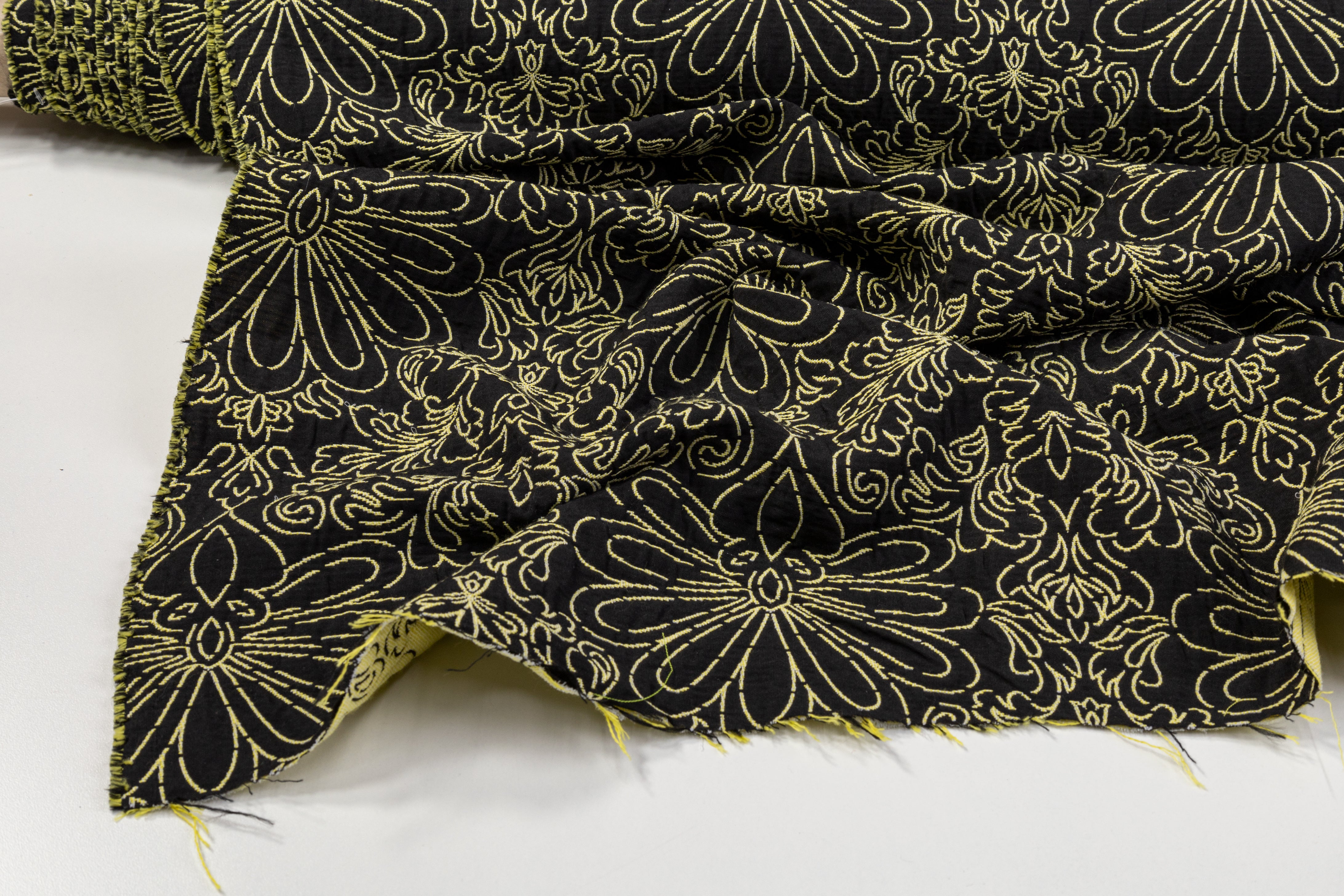 Floral Poly Cotton Crushed Brocade - Black / Yellow