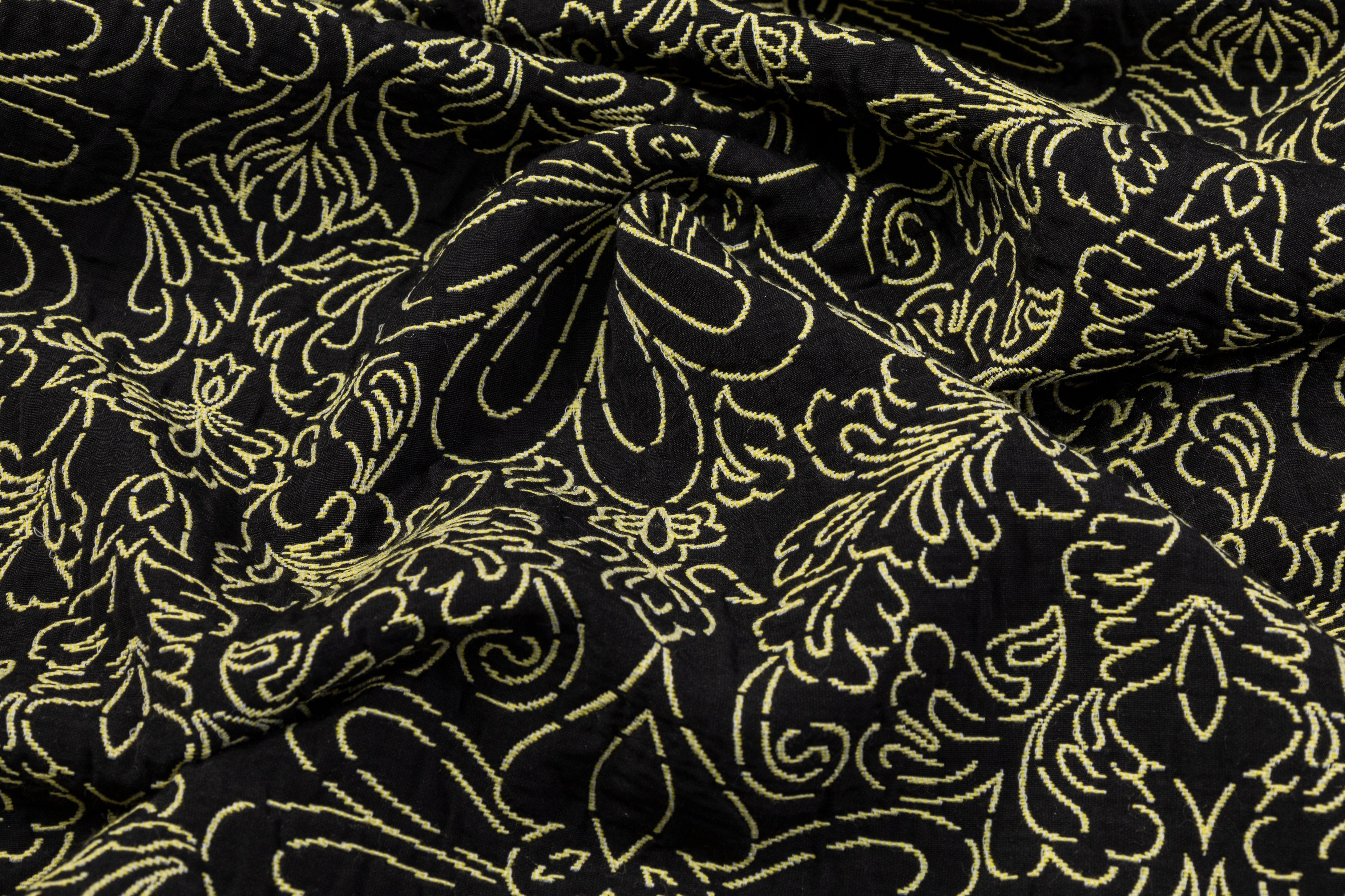 Floral Poly Cotton Crushed Brocade - Black / Yellow