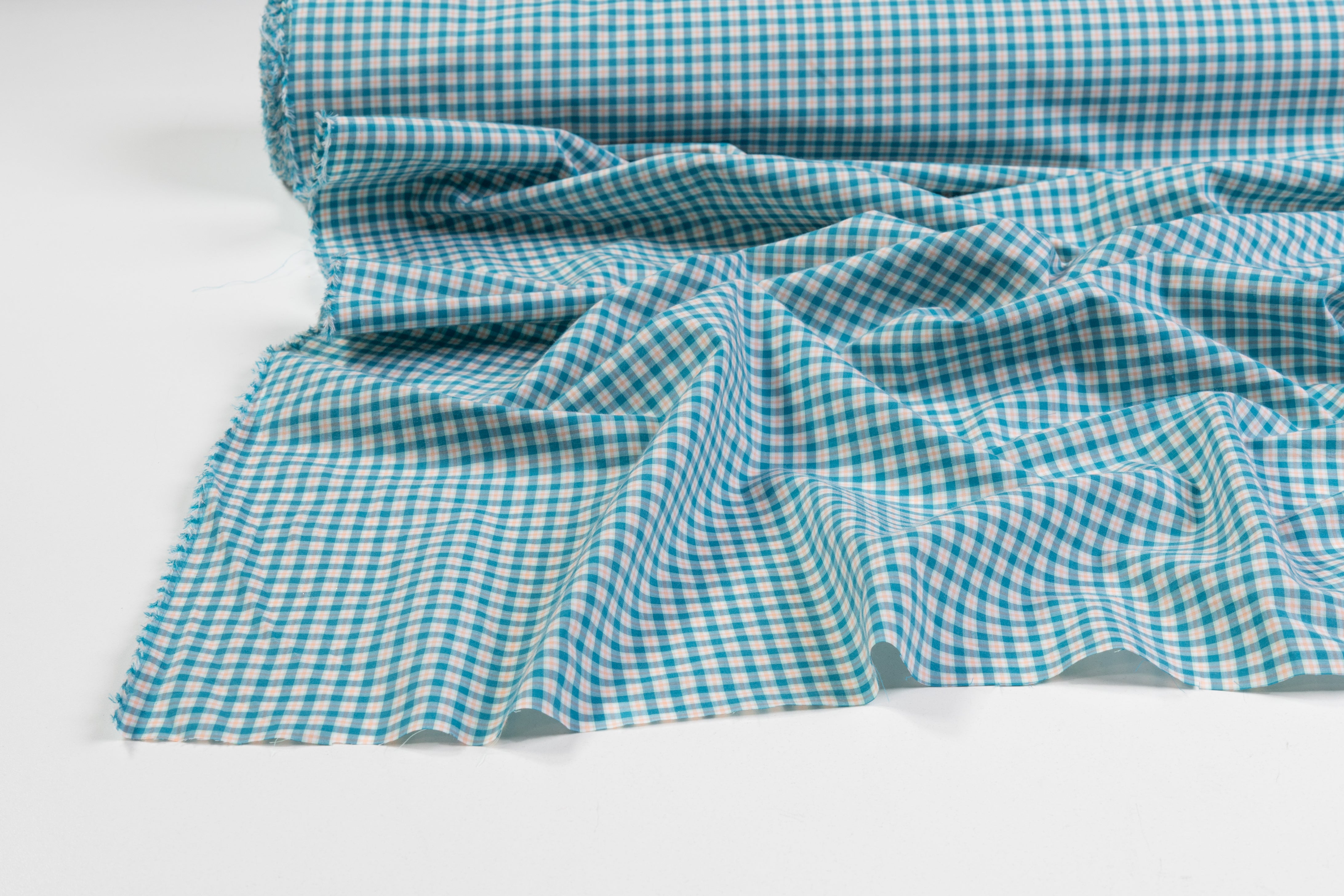 Checked Cotton Shirting - Blue / Peach