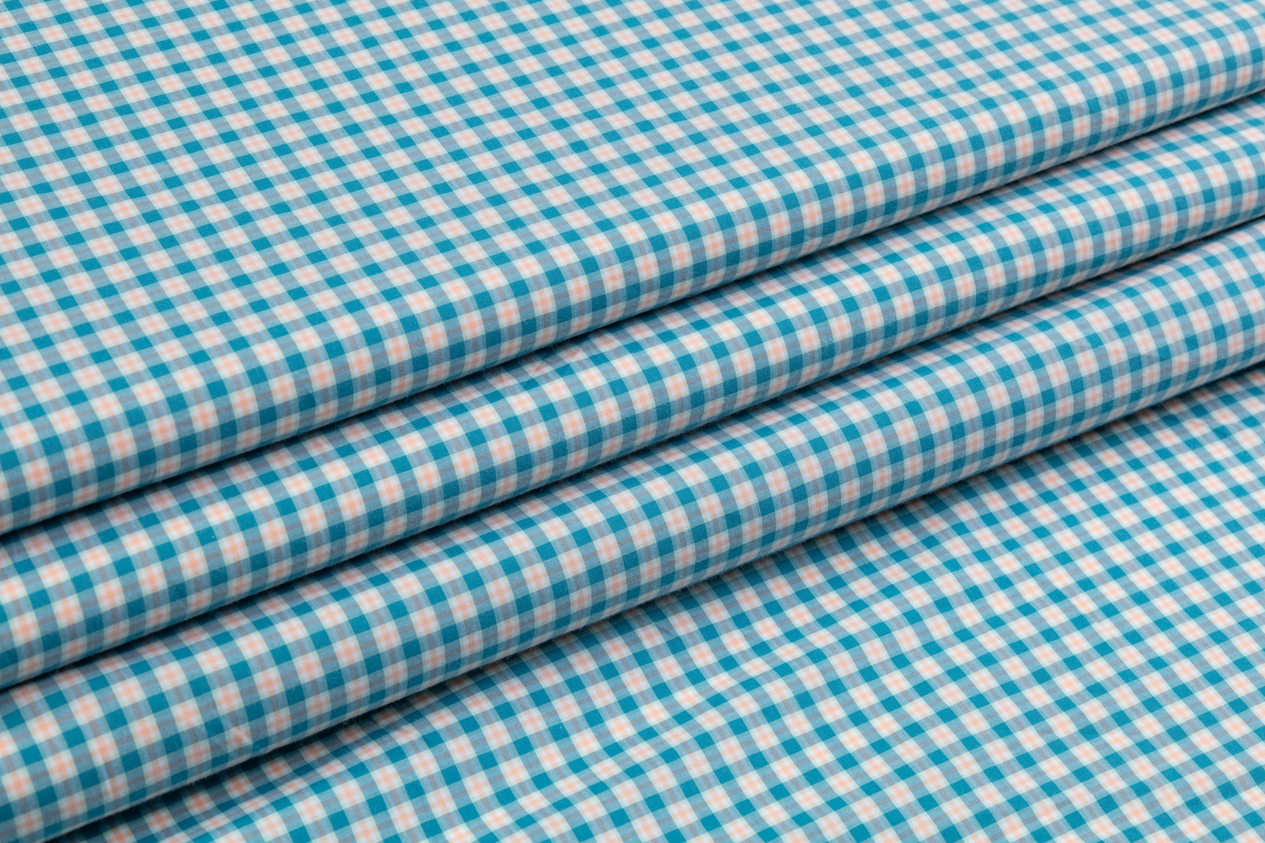Checked Cotton Shirting - Blue / Peach