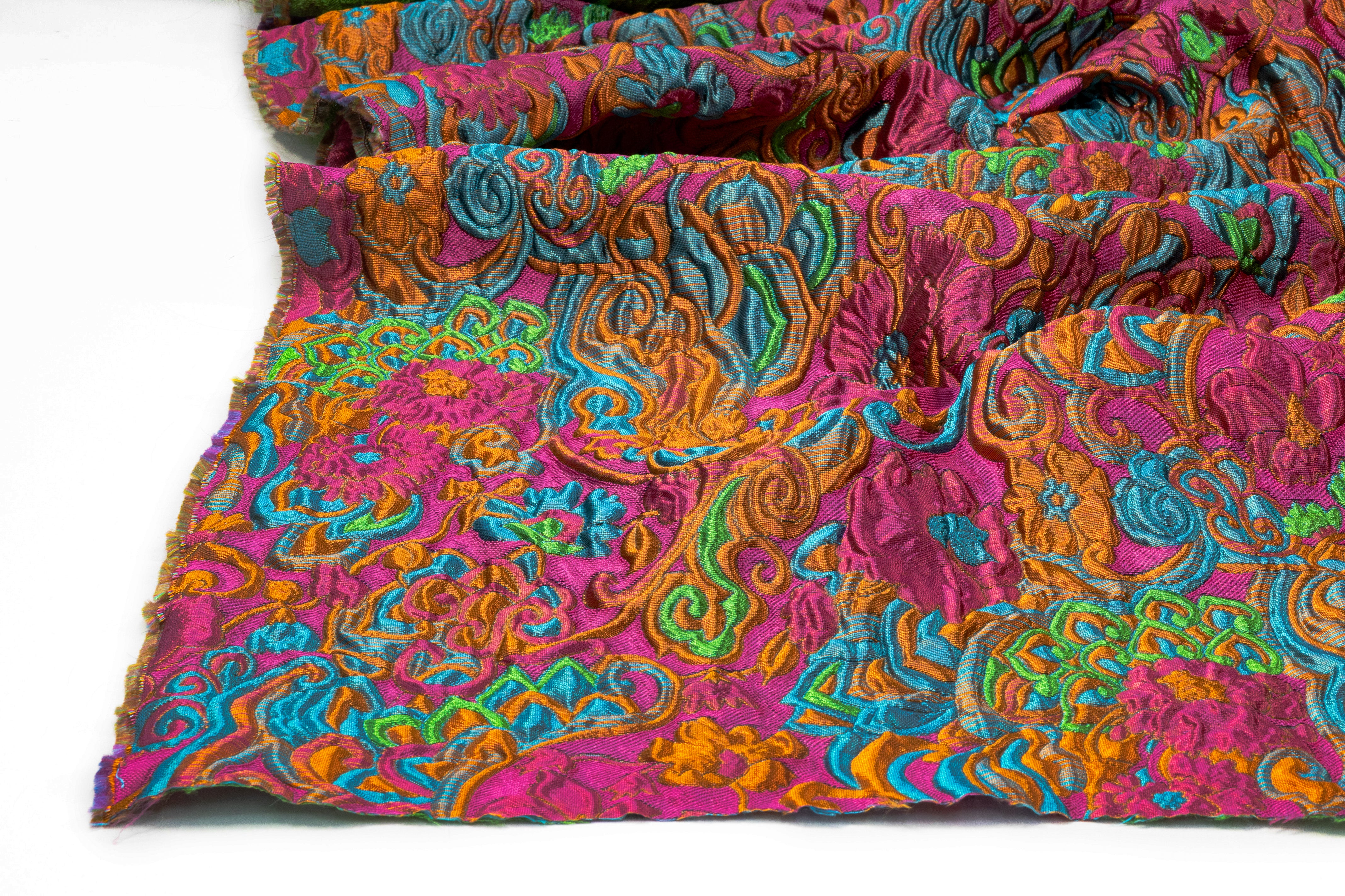 Antique Floral Scroll Italian Brocade - Magenta / Blue / Green / Rust