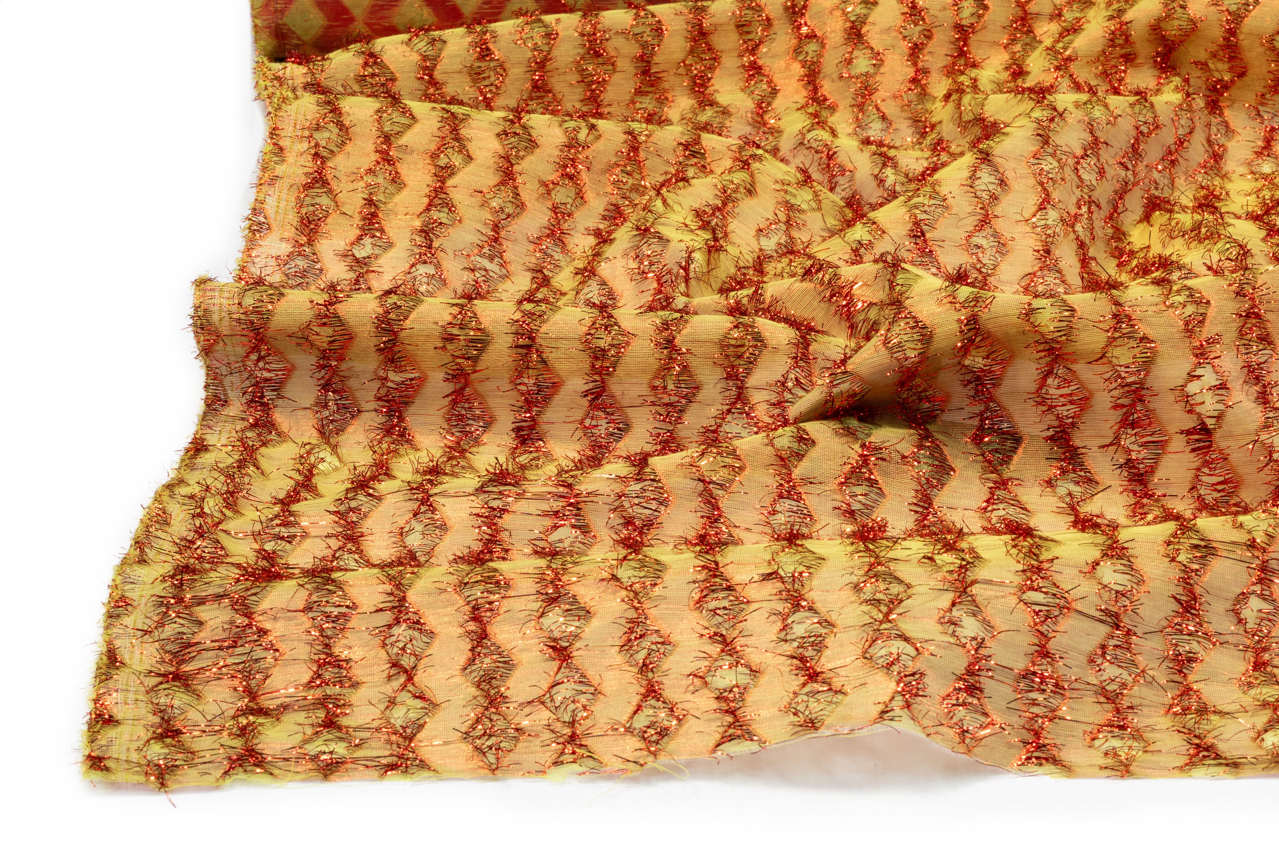 Metallic Fringed Italian Organza Brocade - Red / Gold