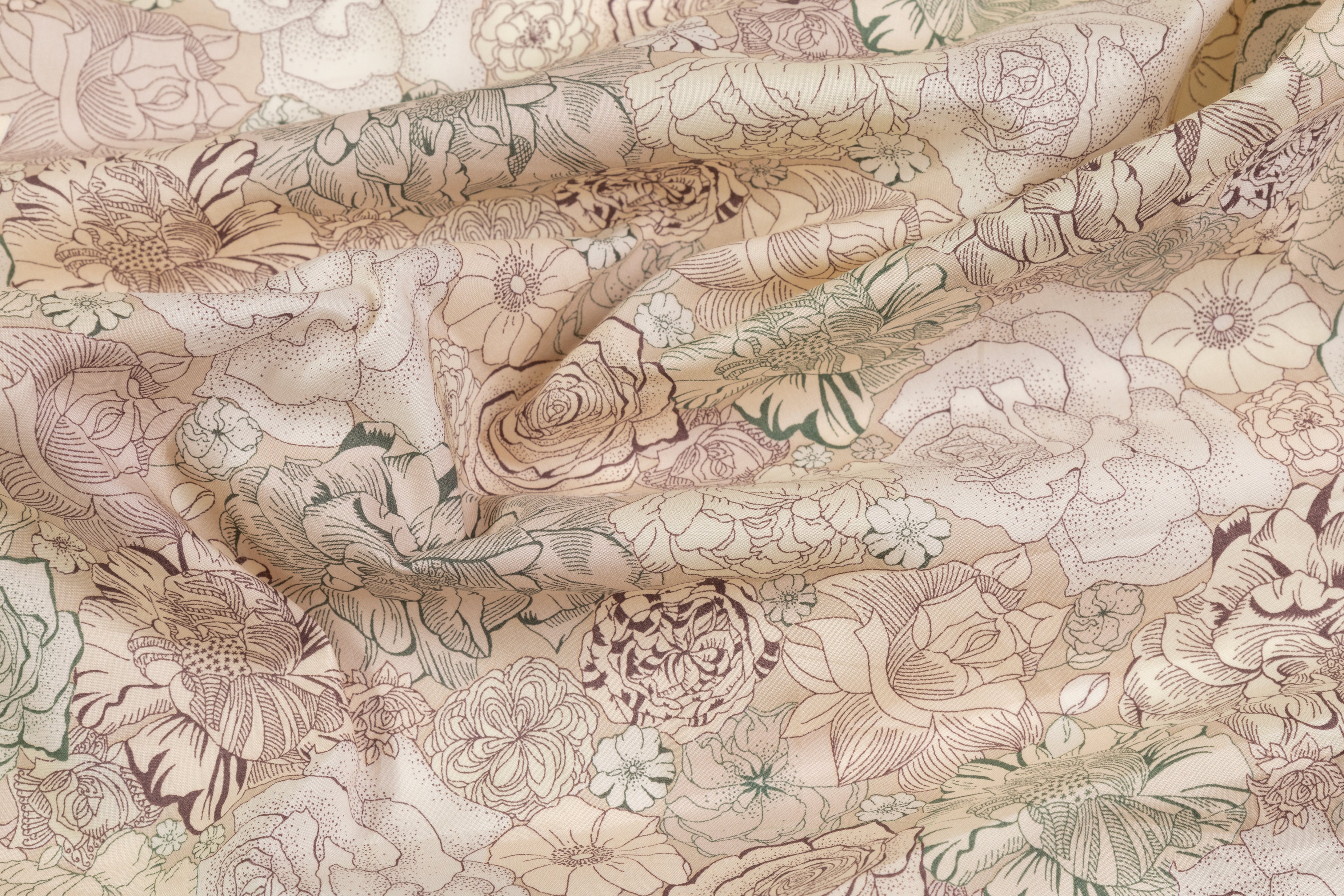 Floral Printed Cotton - Beige / Mauve / Green