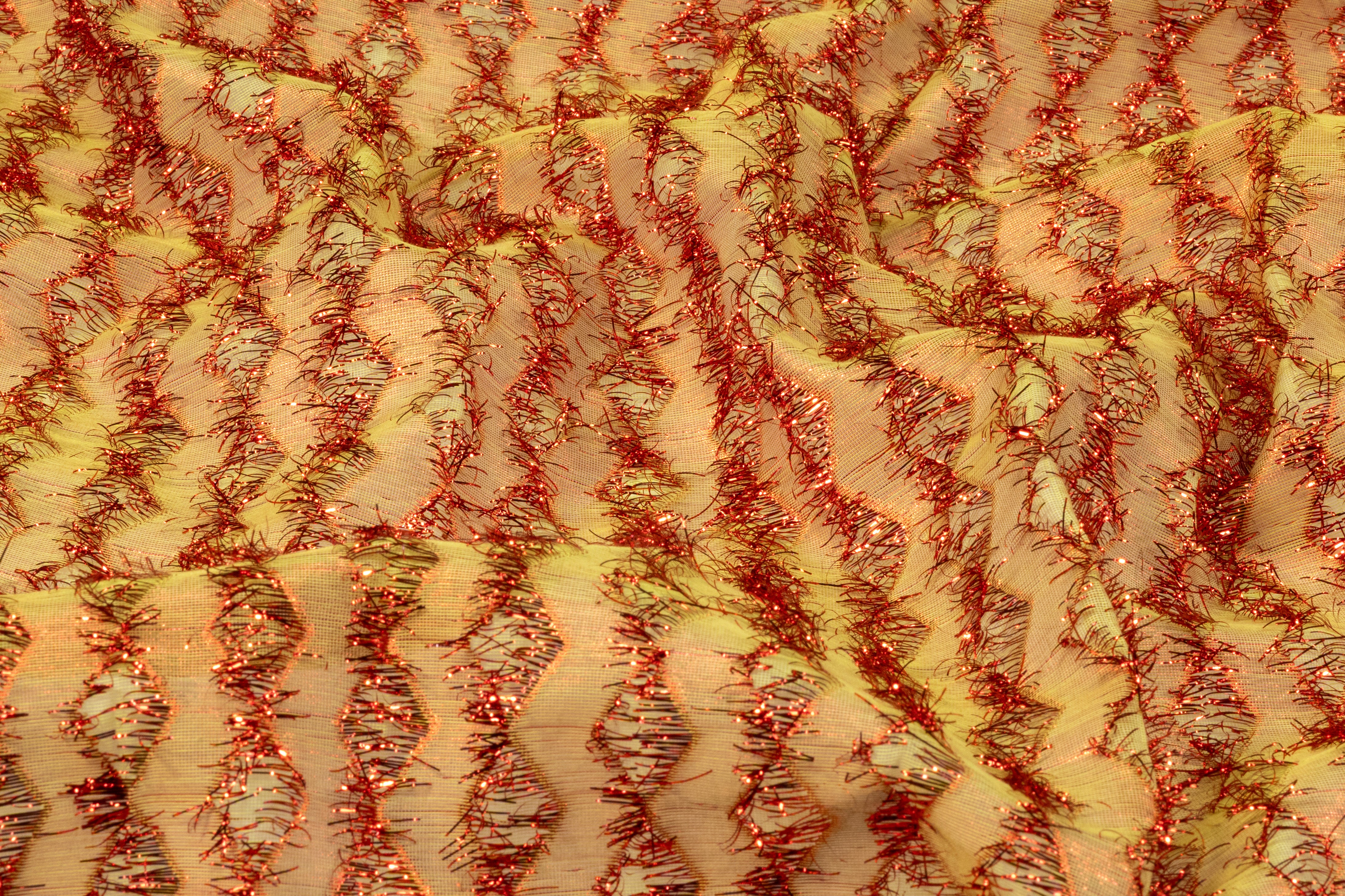 Metallic Fringed Italian Organza Brocade - Red / Gold