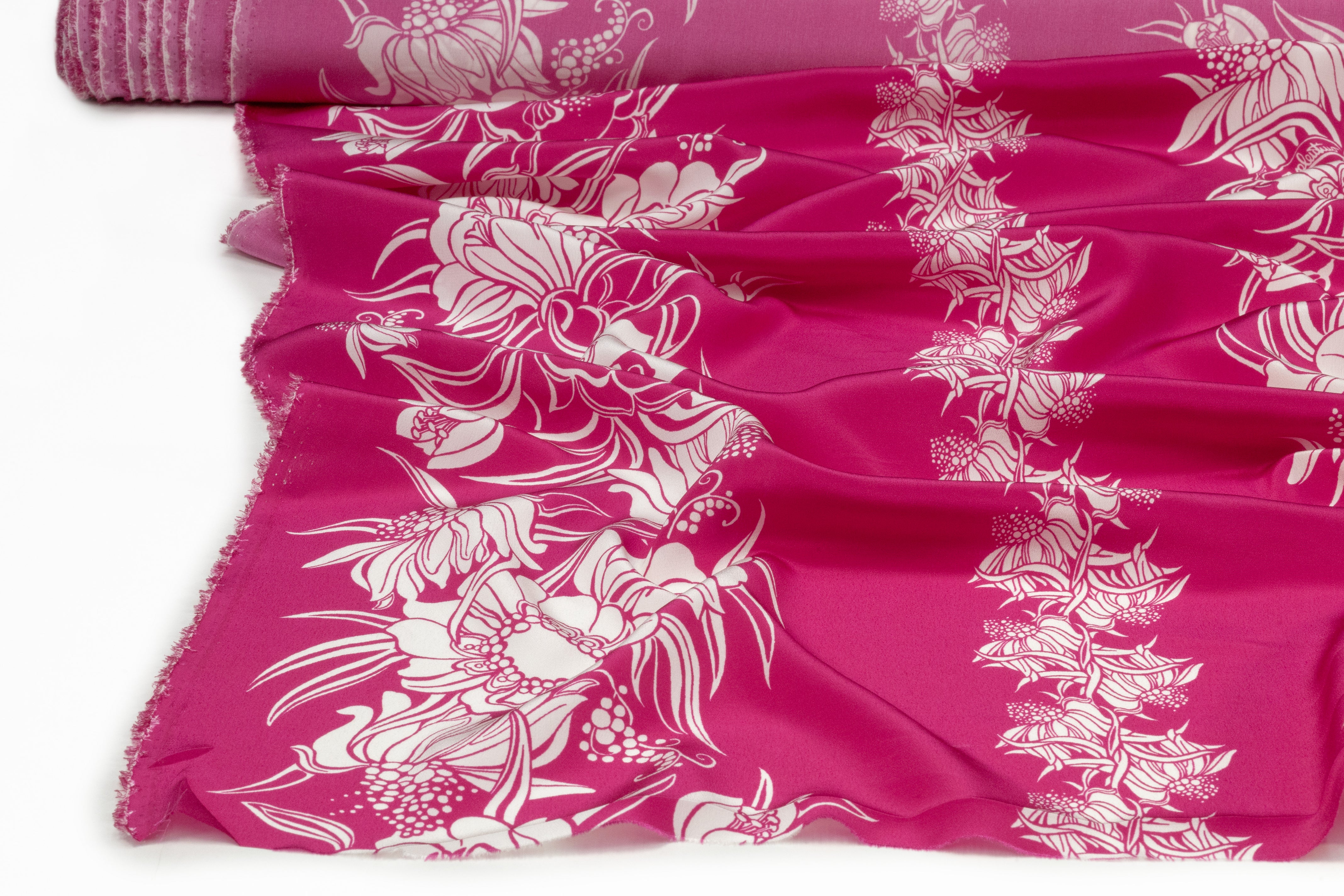 Floral Striped Italian Silk Crepe de Chine - Magenta / White