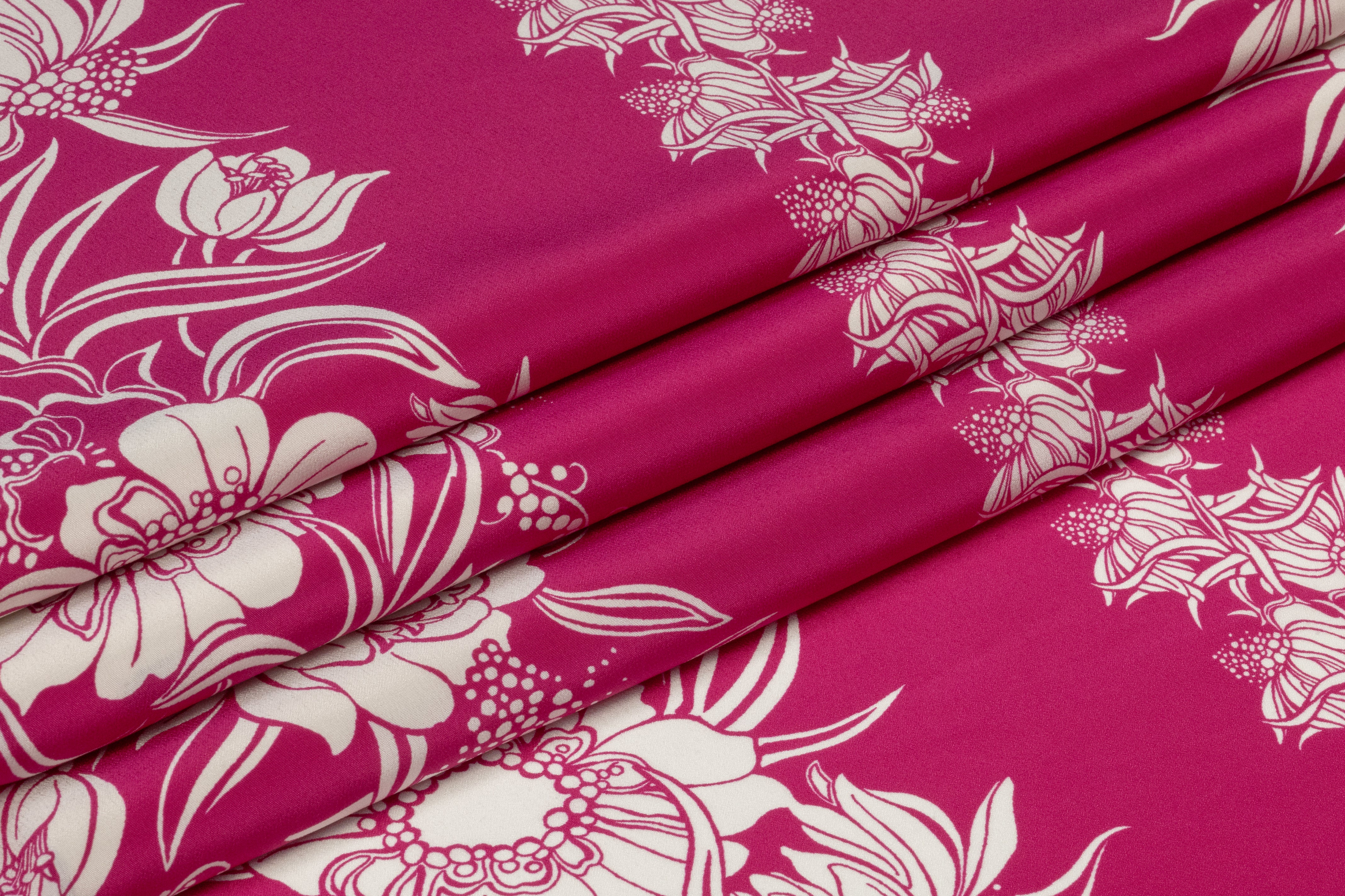 Floral Striped Italian Silk Crepe de Chine - Magenta / White