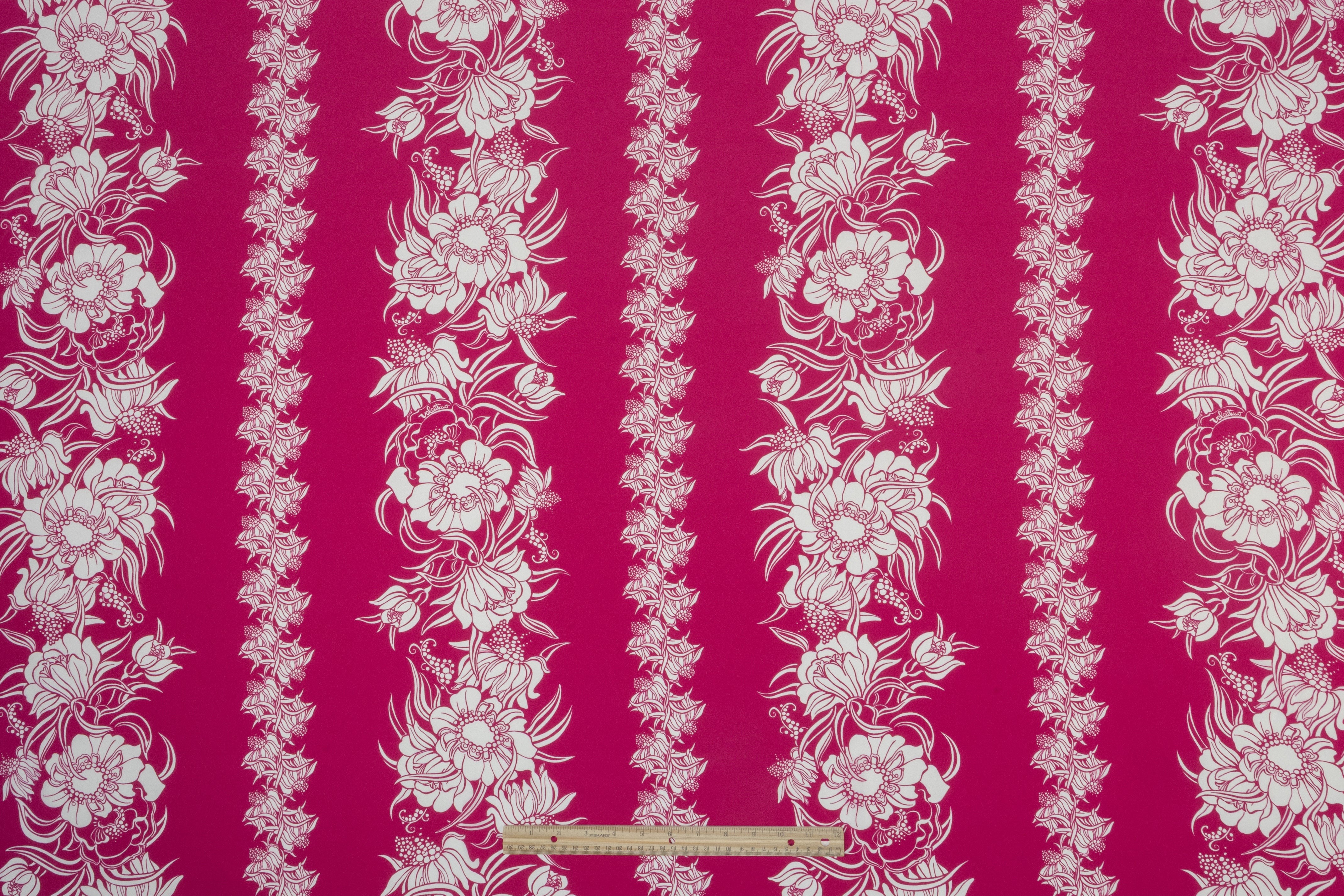 Floral Striped Italian Silk Crepe de Chine - Magenta / White