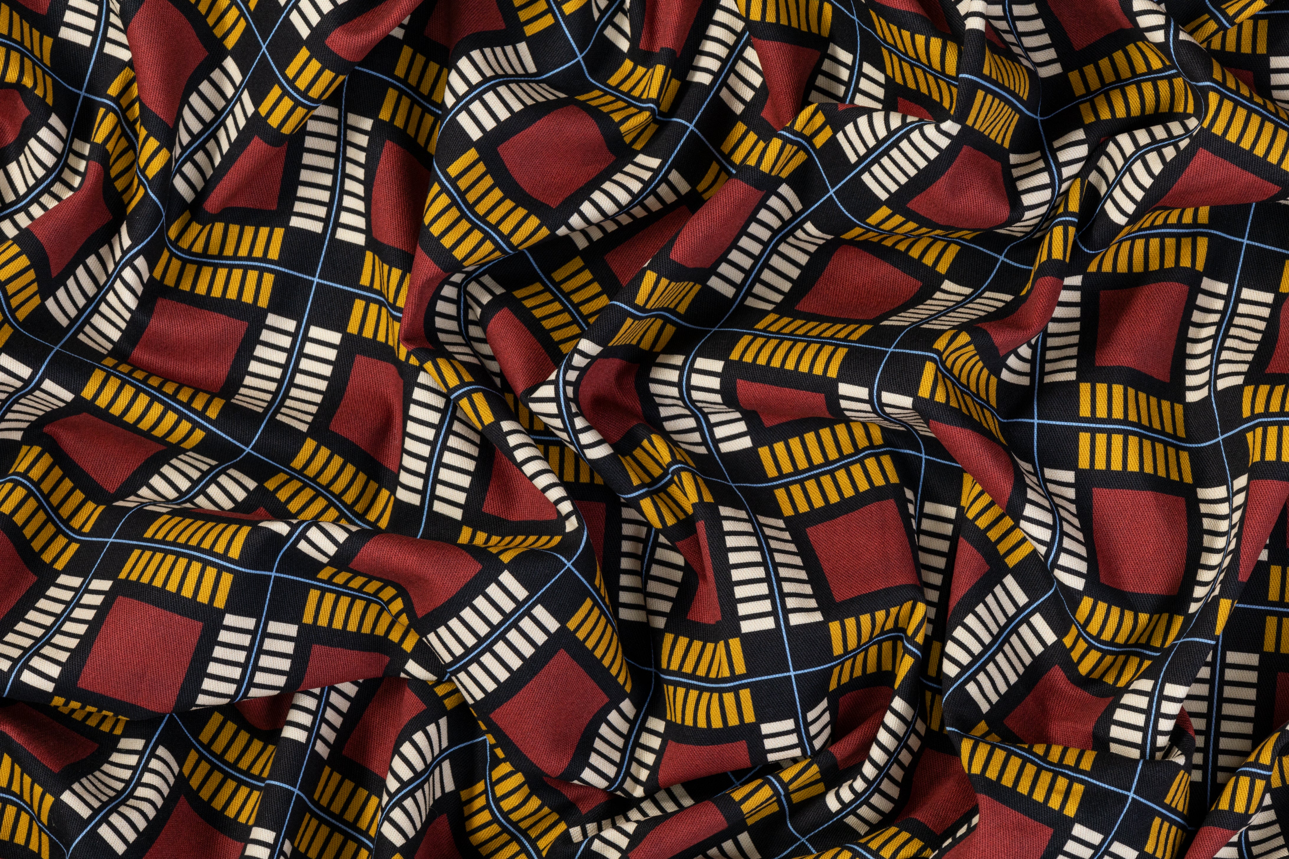 Geometric Italian Cotton Twill - Burgundy / Yellow