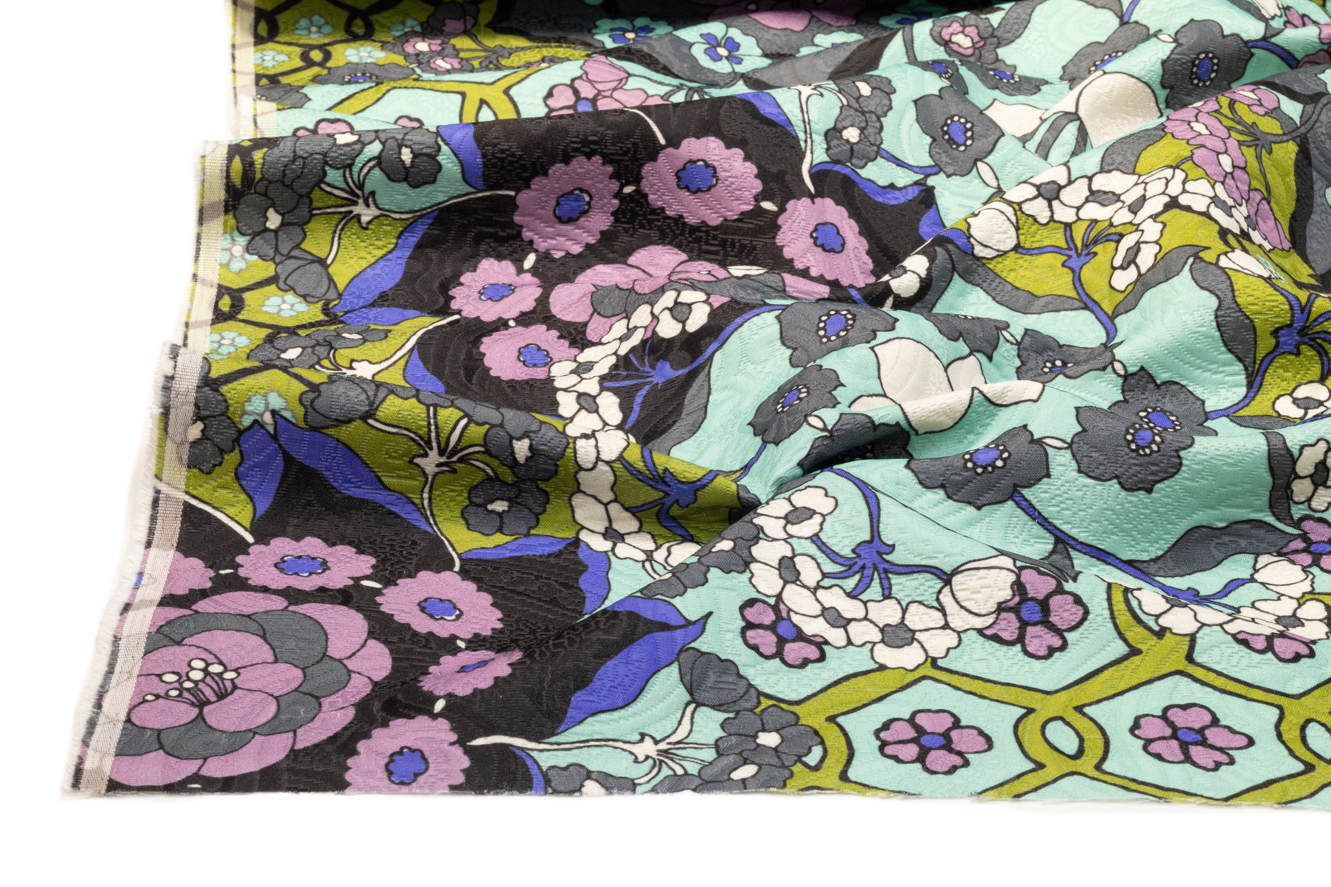 Floral Printed Italian Poly Cotton Brocade - Green / Gray / Lavender