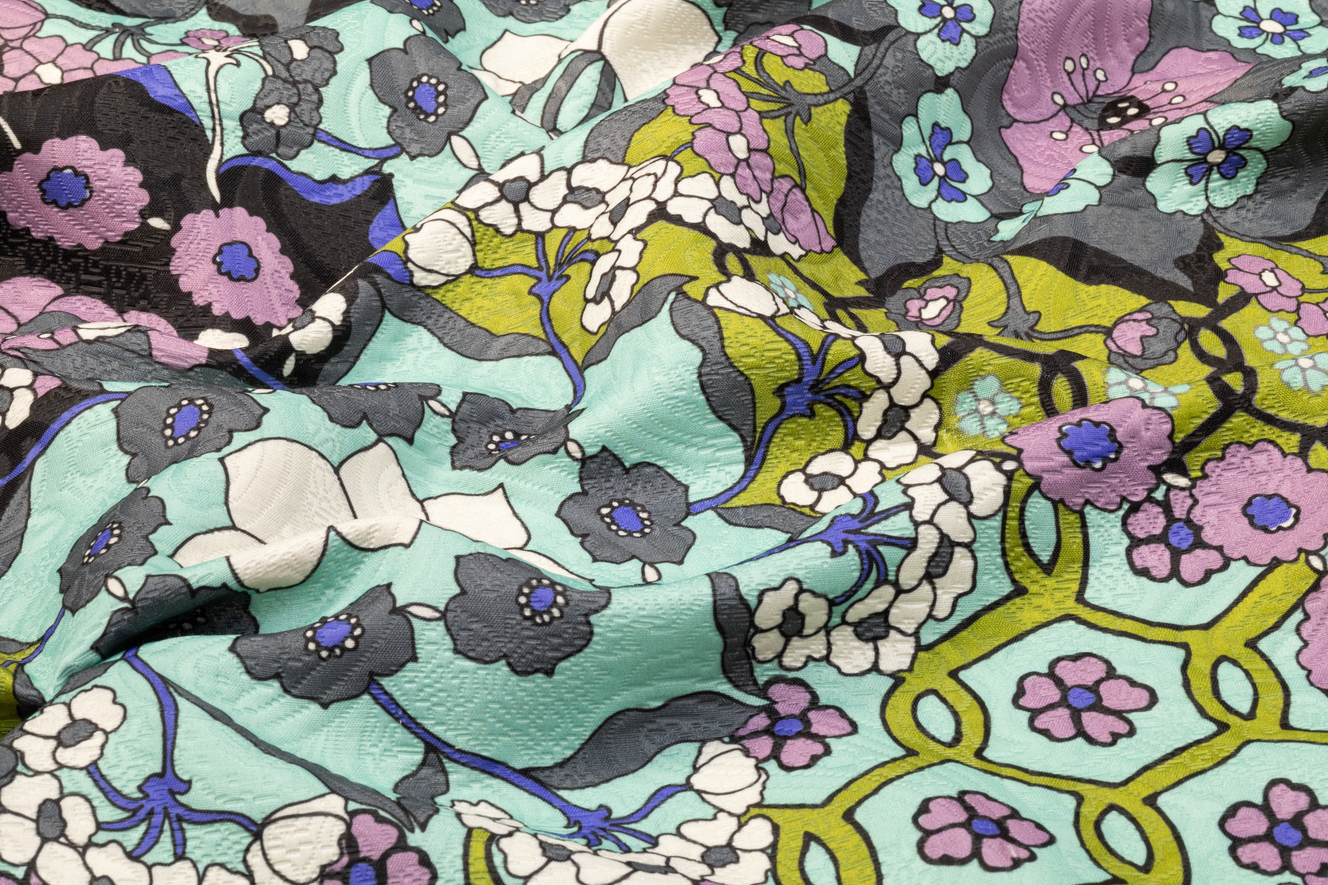 Floral Printed Italian Poly Cotton Brocade - Green / Gray / Lavender