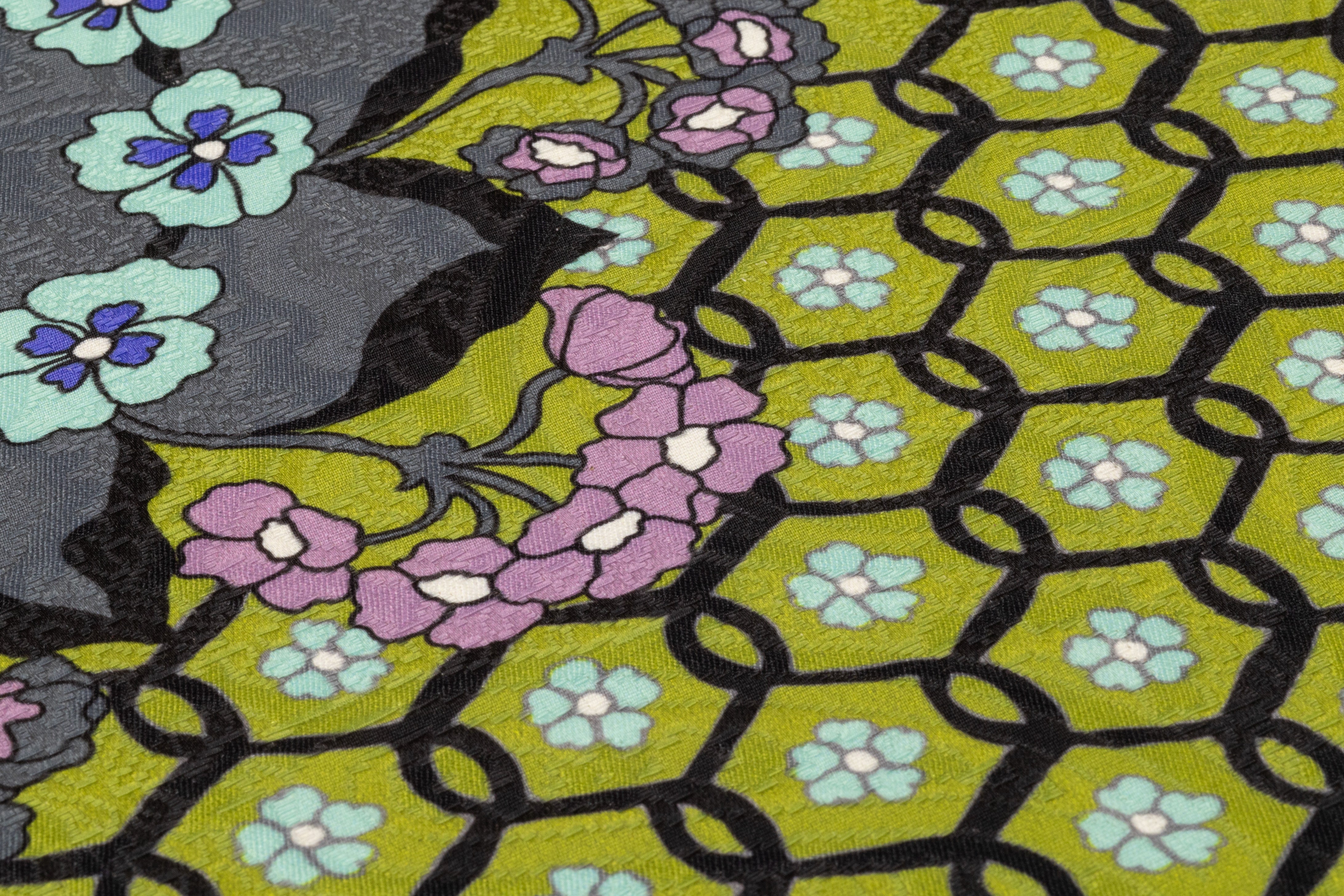 Floral Printed Italian Poly Cotton Brocade - Green / Gray / Lavender