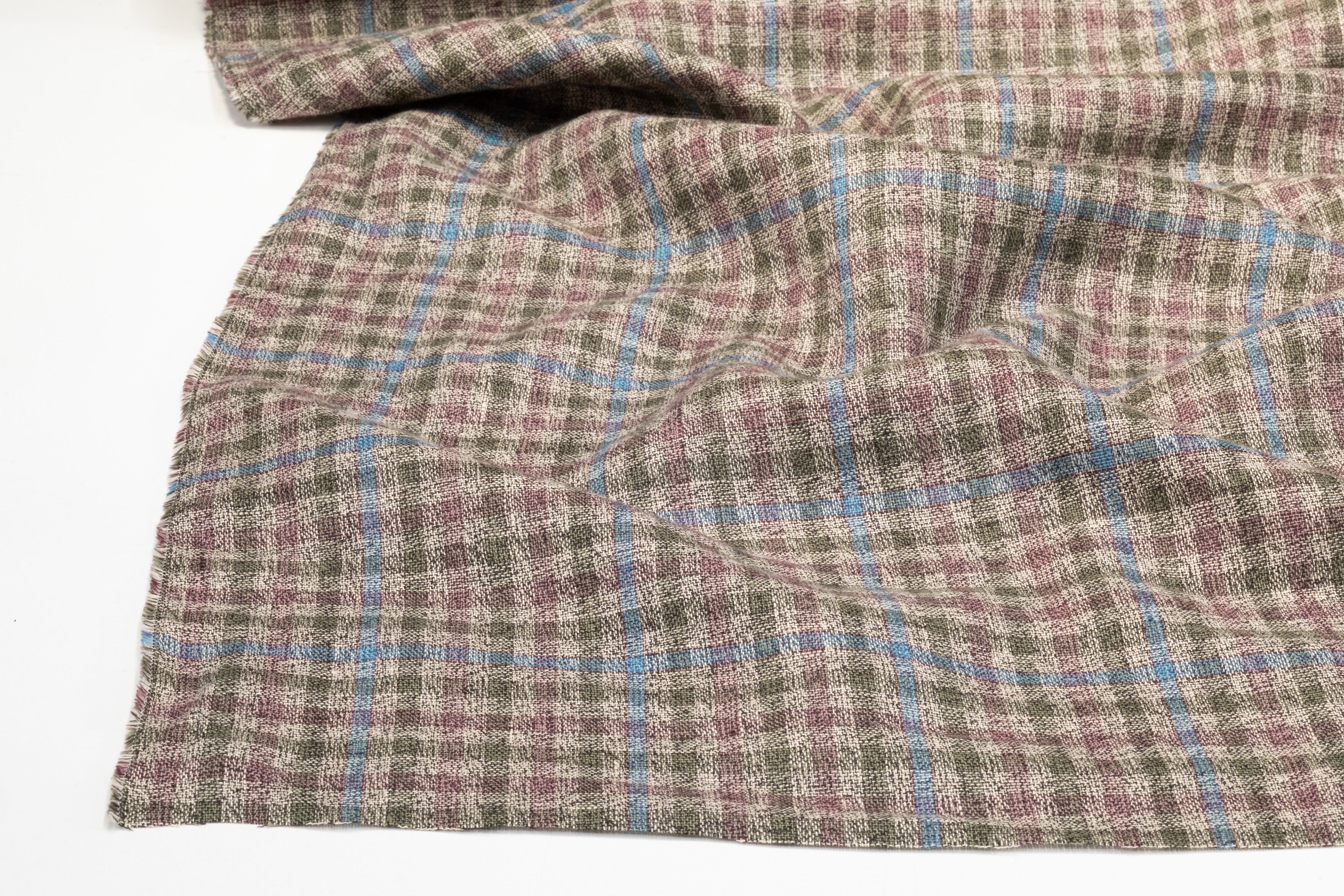 Plaid Italian Wool Linen Suiting - Blue / Green / Mauve