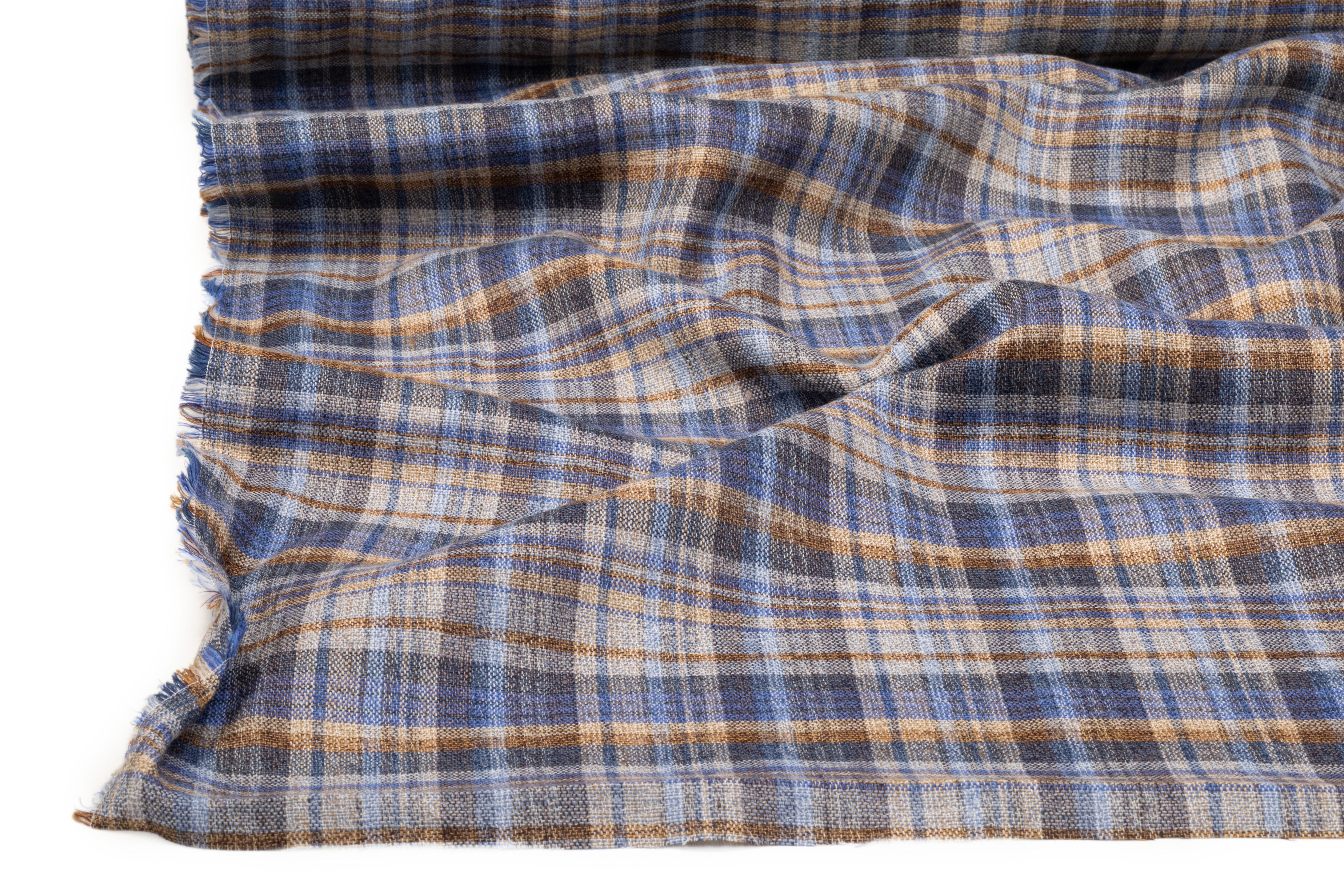 Plaid Italian Wool Linen Suiting - Blue / Tan
