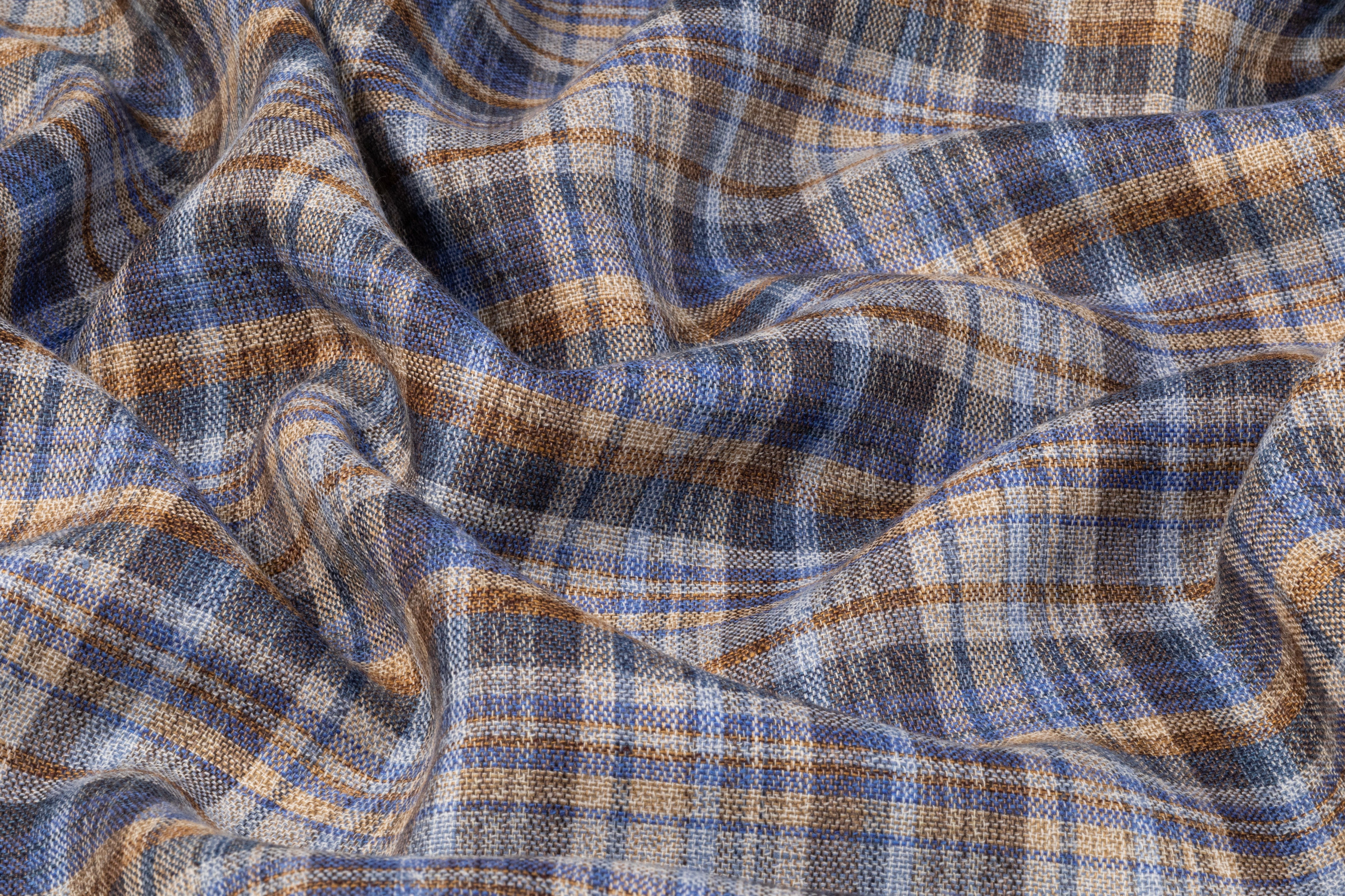 Plaid Italian Wool Linen Suiting - Blue / Tan