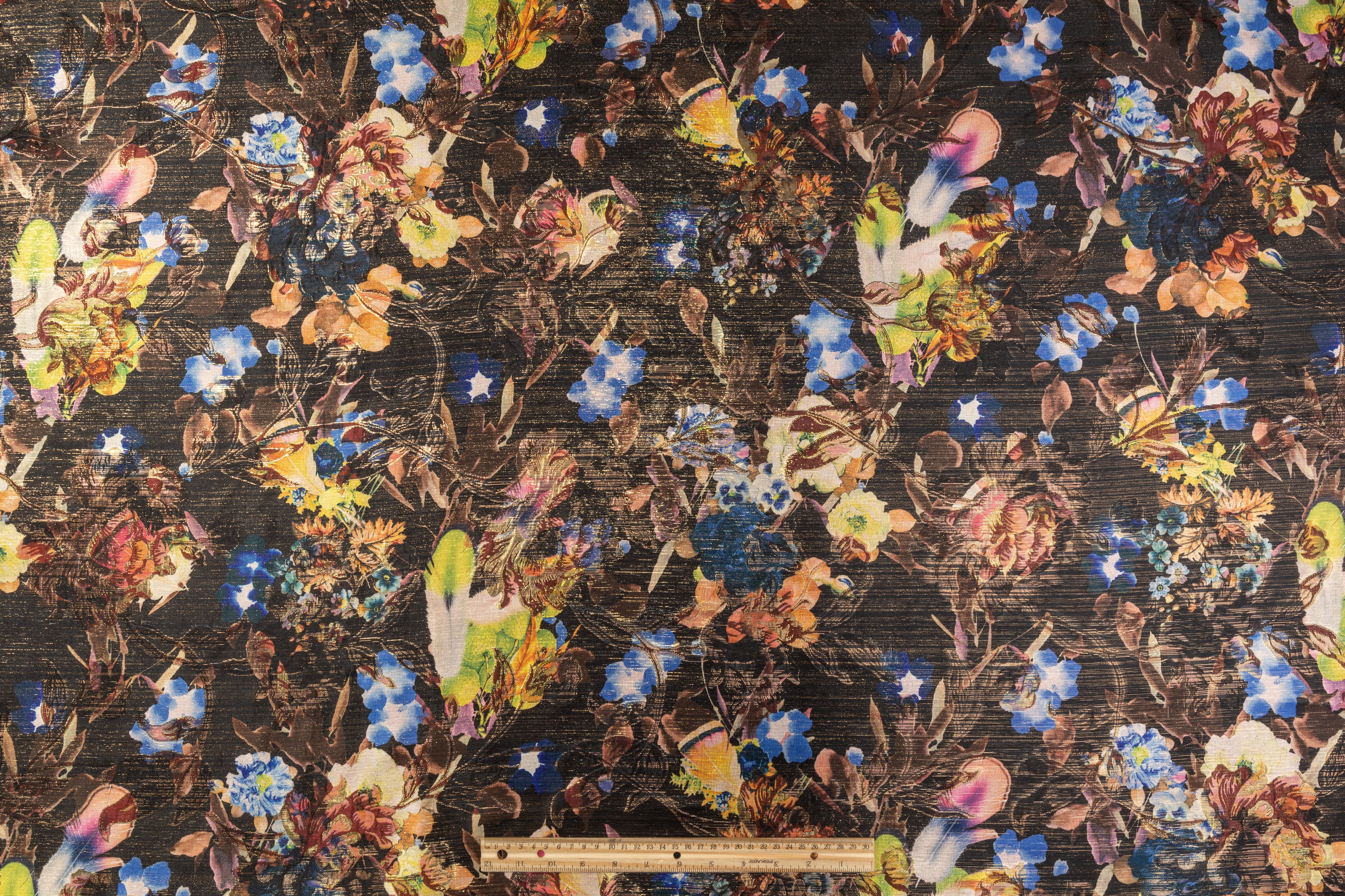 Printed Metallic Floral Brocade - Black / Multicolor