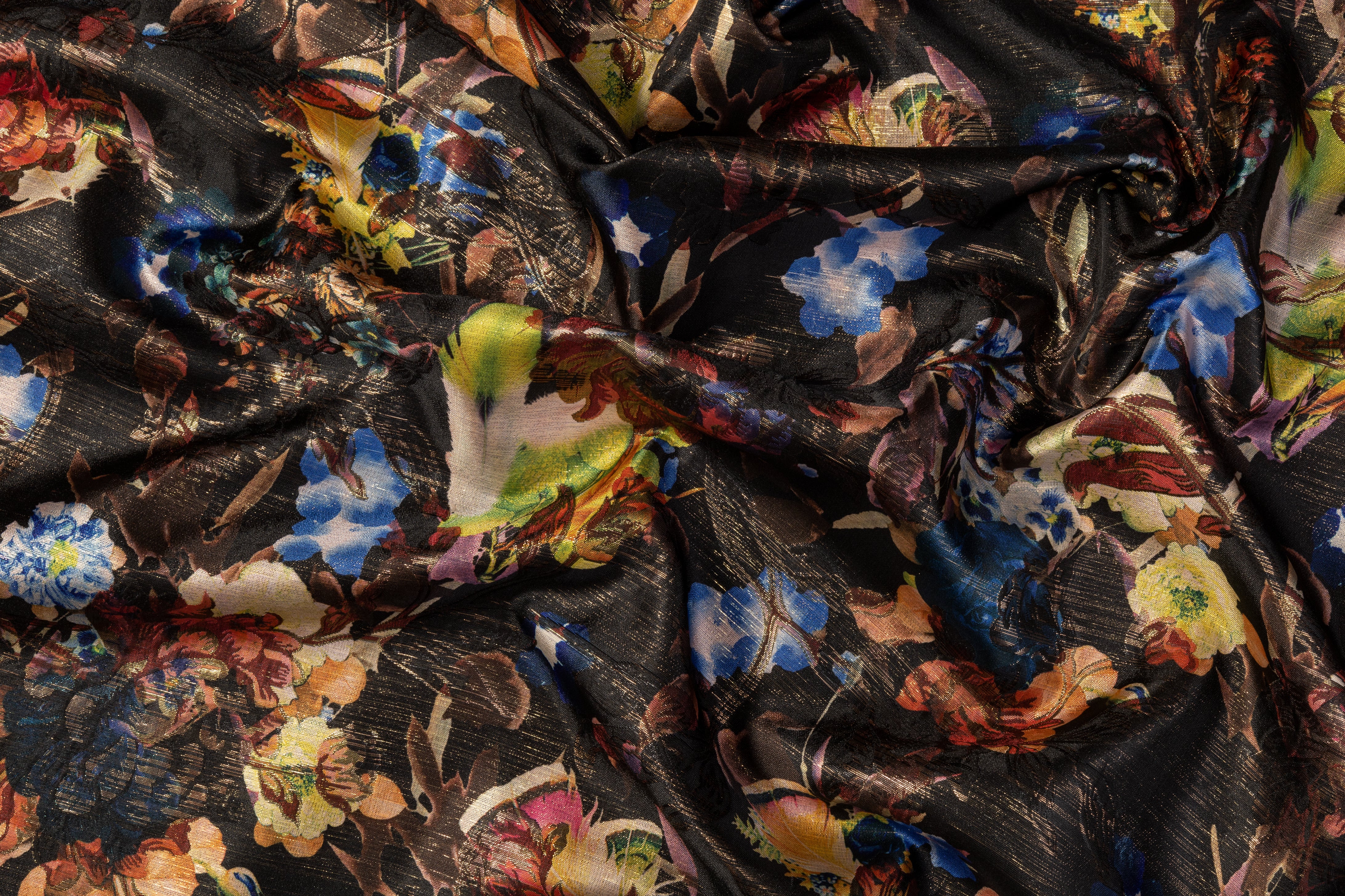 Printed Metallic Floral Brocade - Black / Multicolor