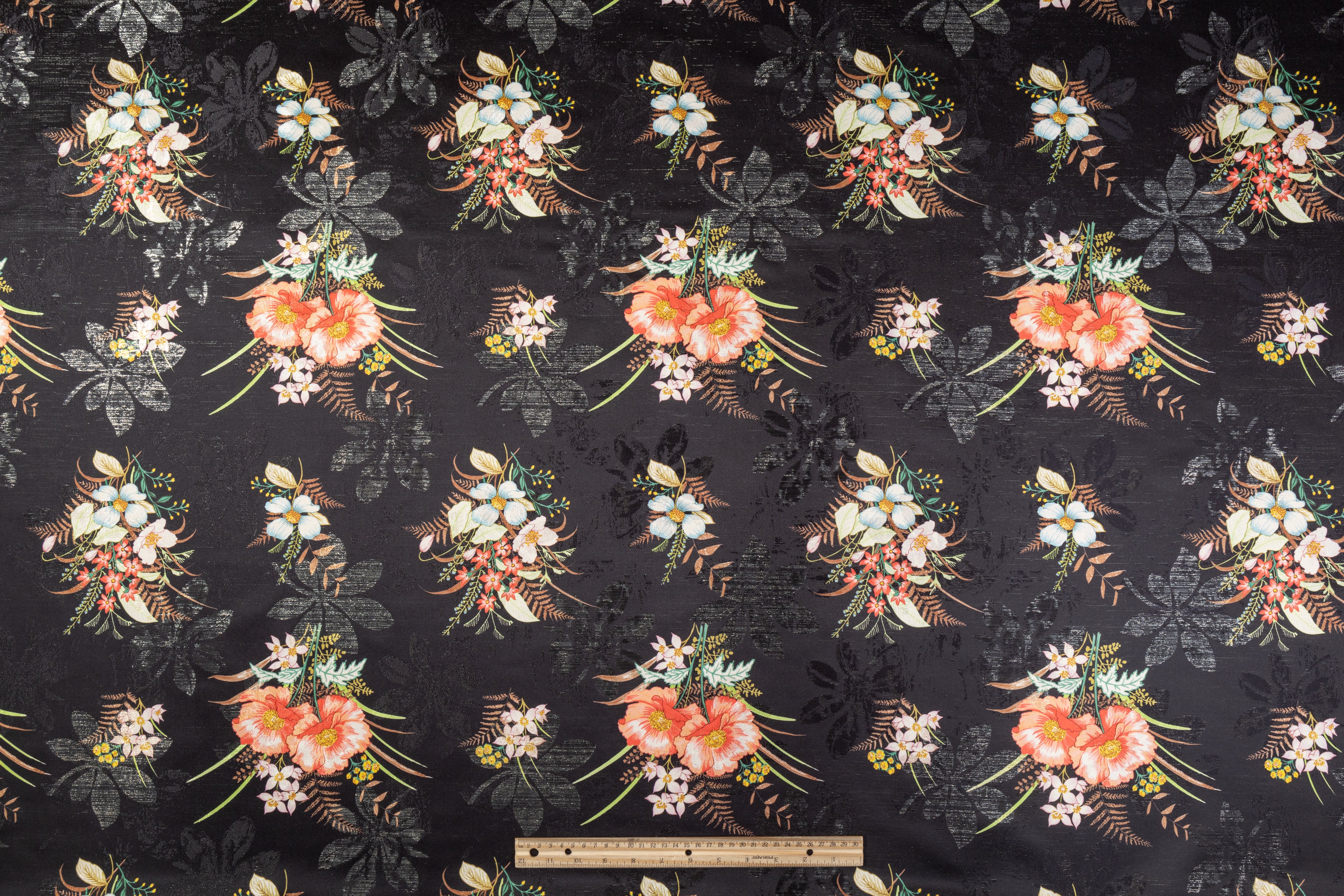 Printed Metallic Floral Brocade - Black / Multicolor