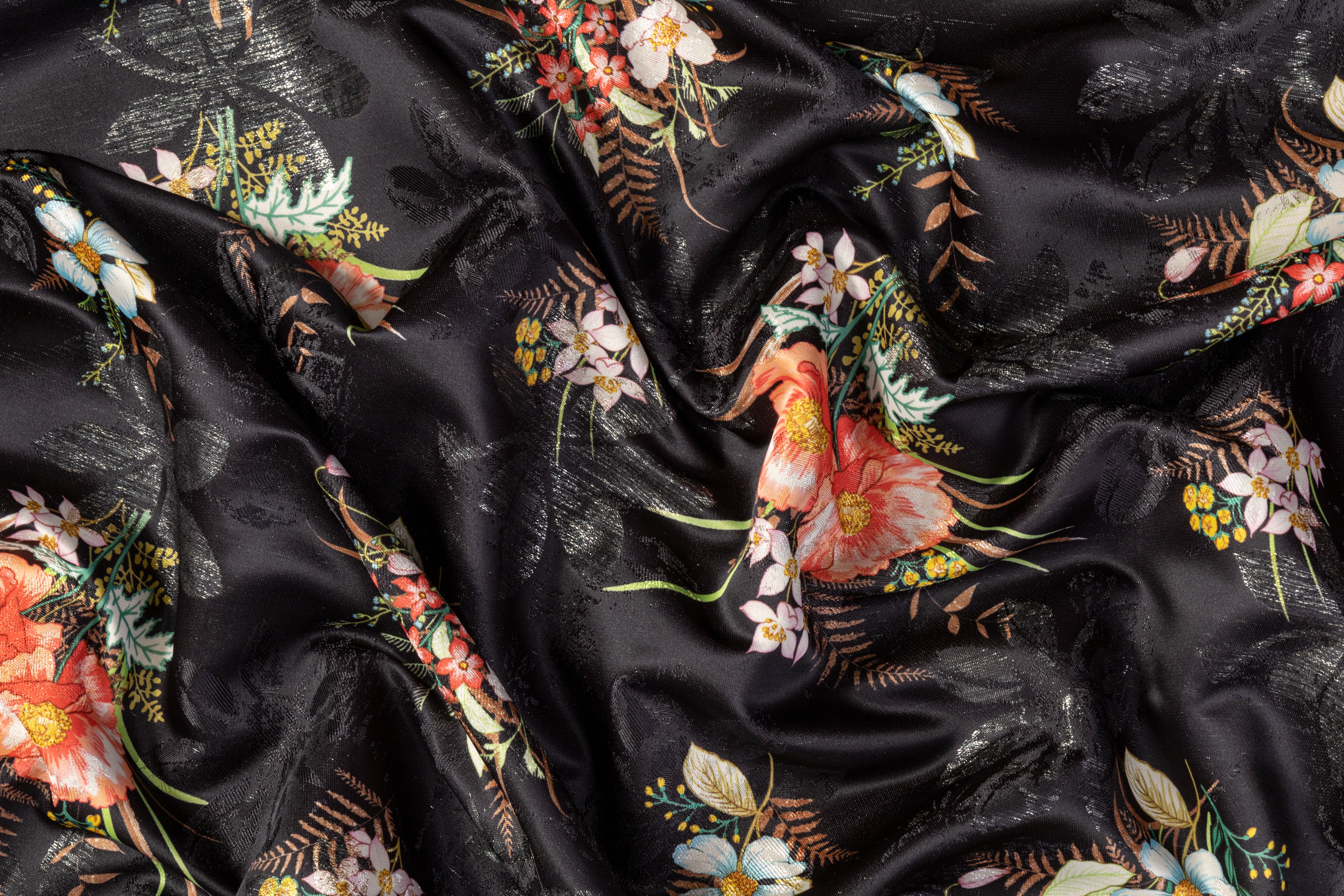 Printed Metallic Floral Brocade - Black / Multicolor