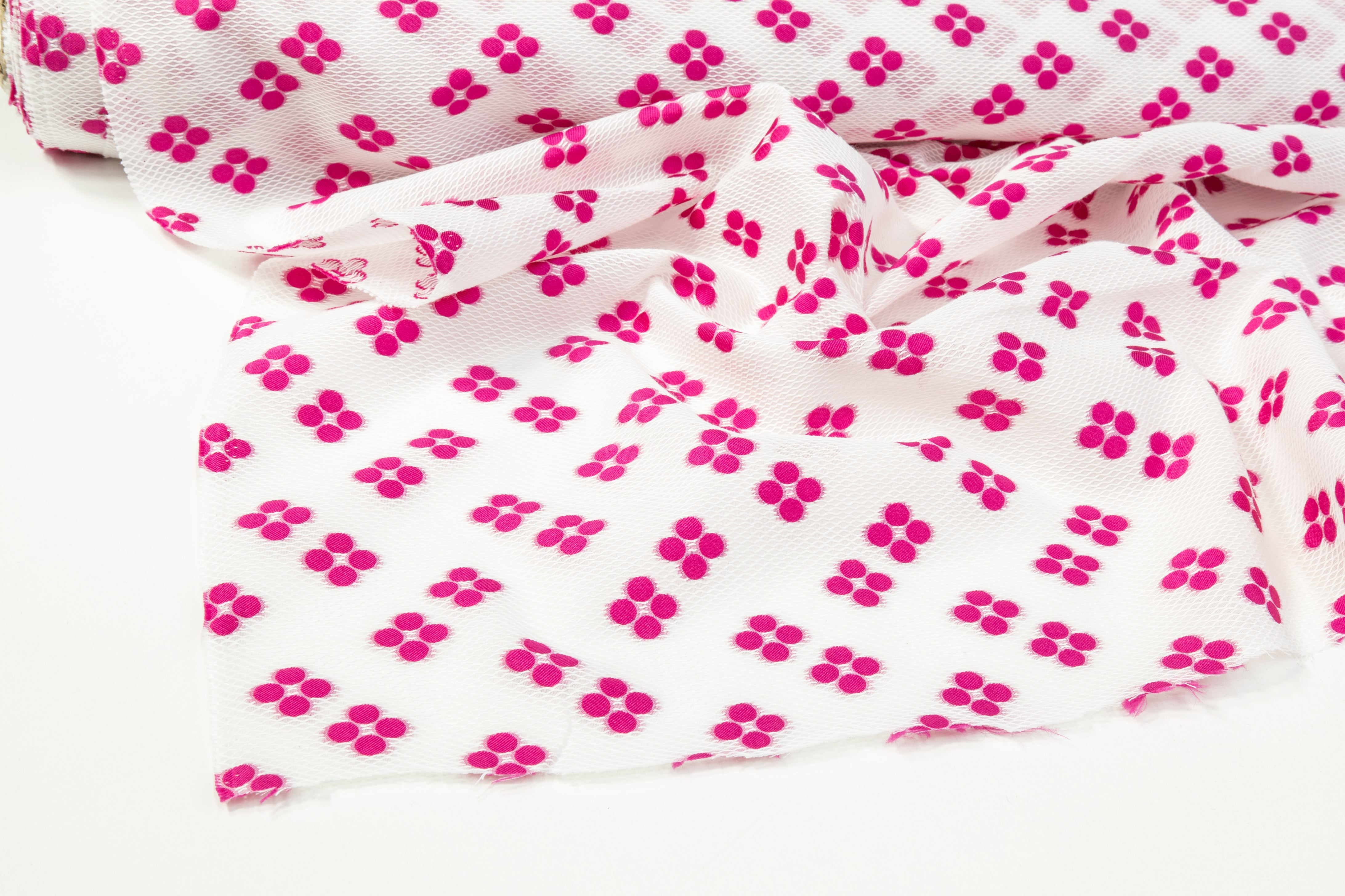 Embroidered Polyester Organza - White / Fuchsia