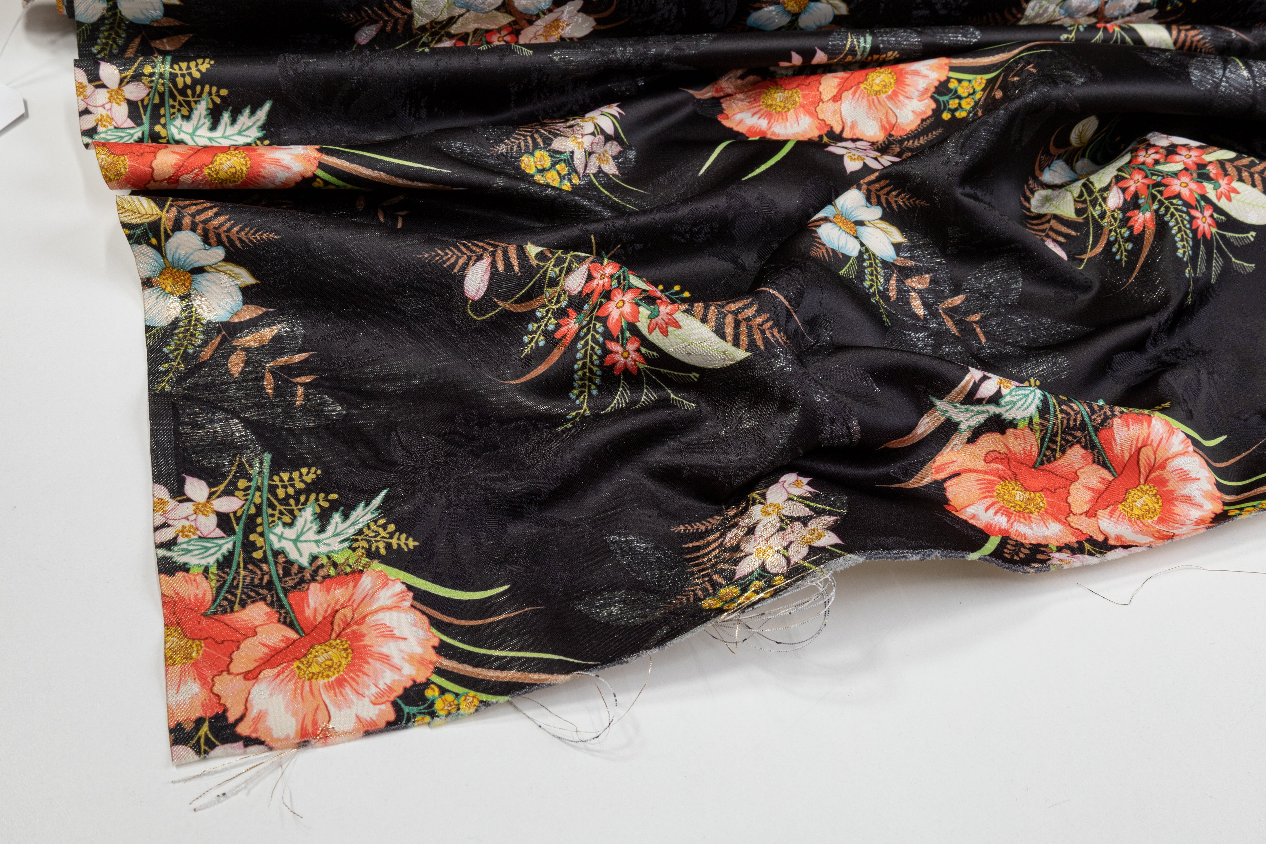 Printed Metallic Floral Brocade - Black / Multicolor