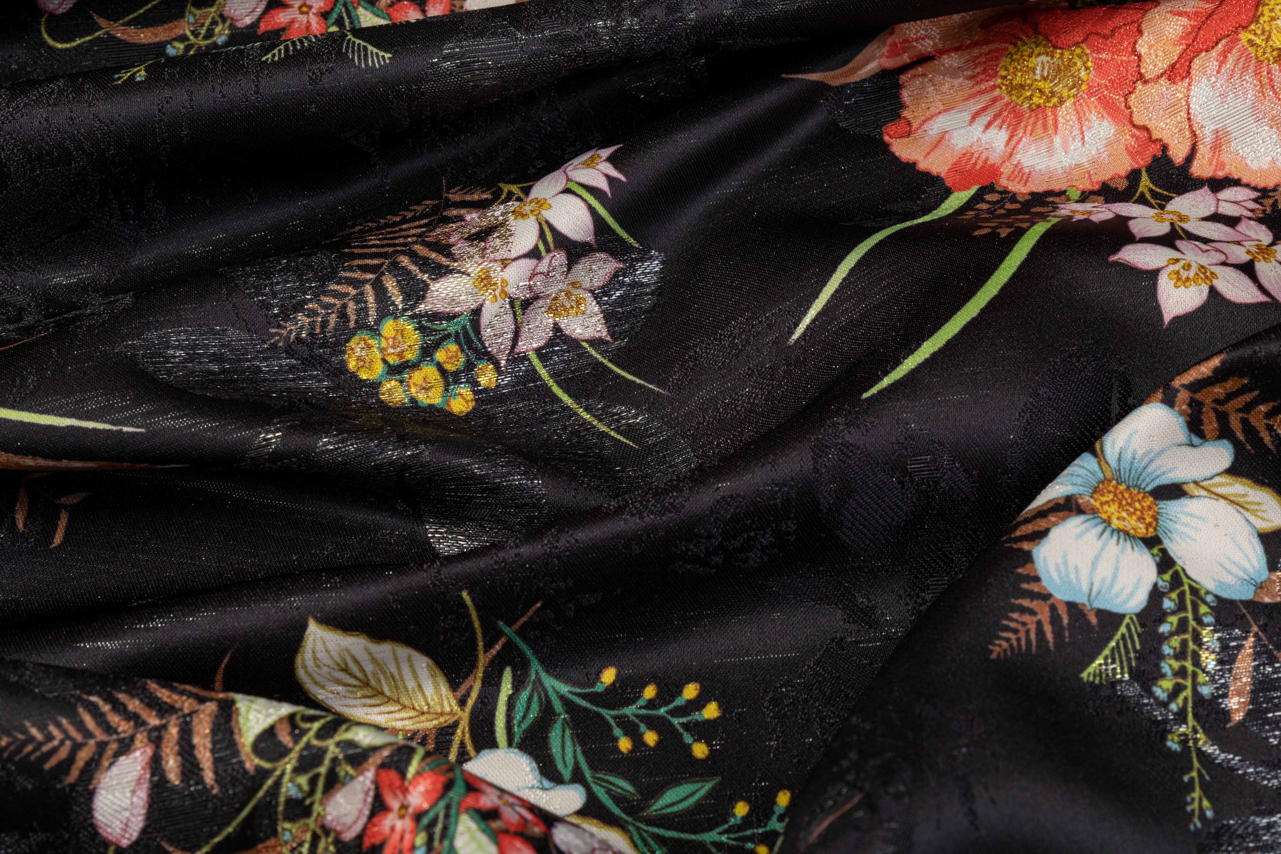 Printed Metallic Floral Brocade - Black / Multicolor