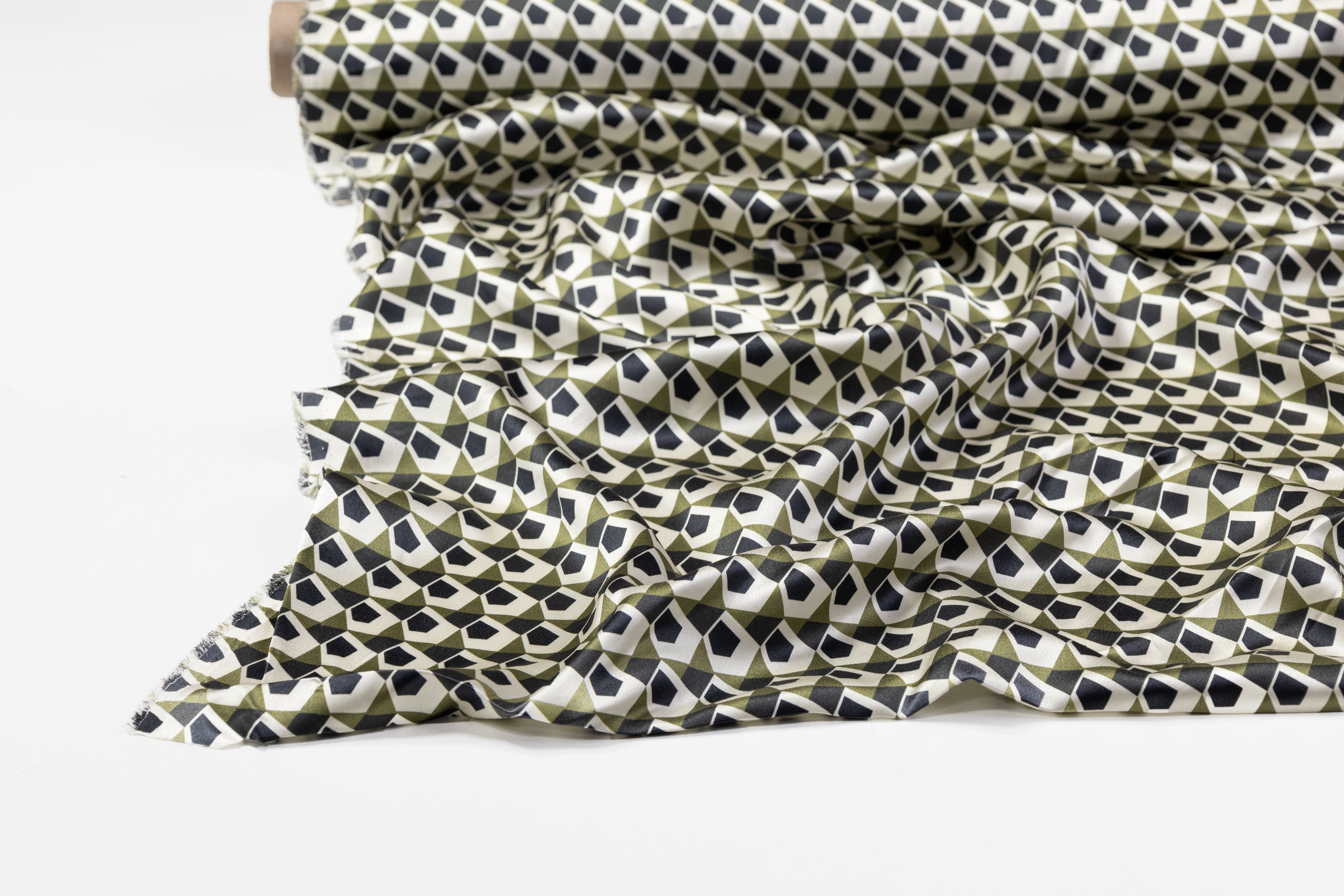 Geometric Silk Charmeuse - Black / Green / Off White