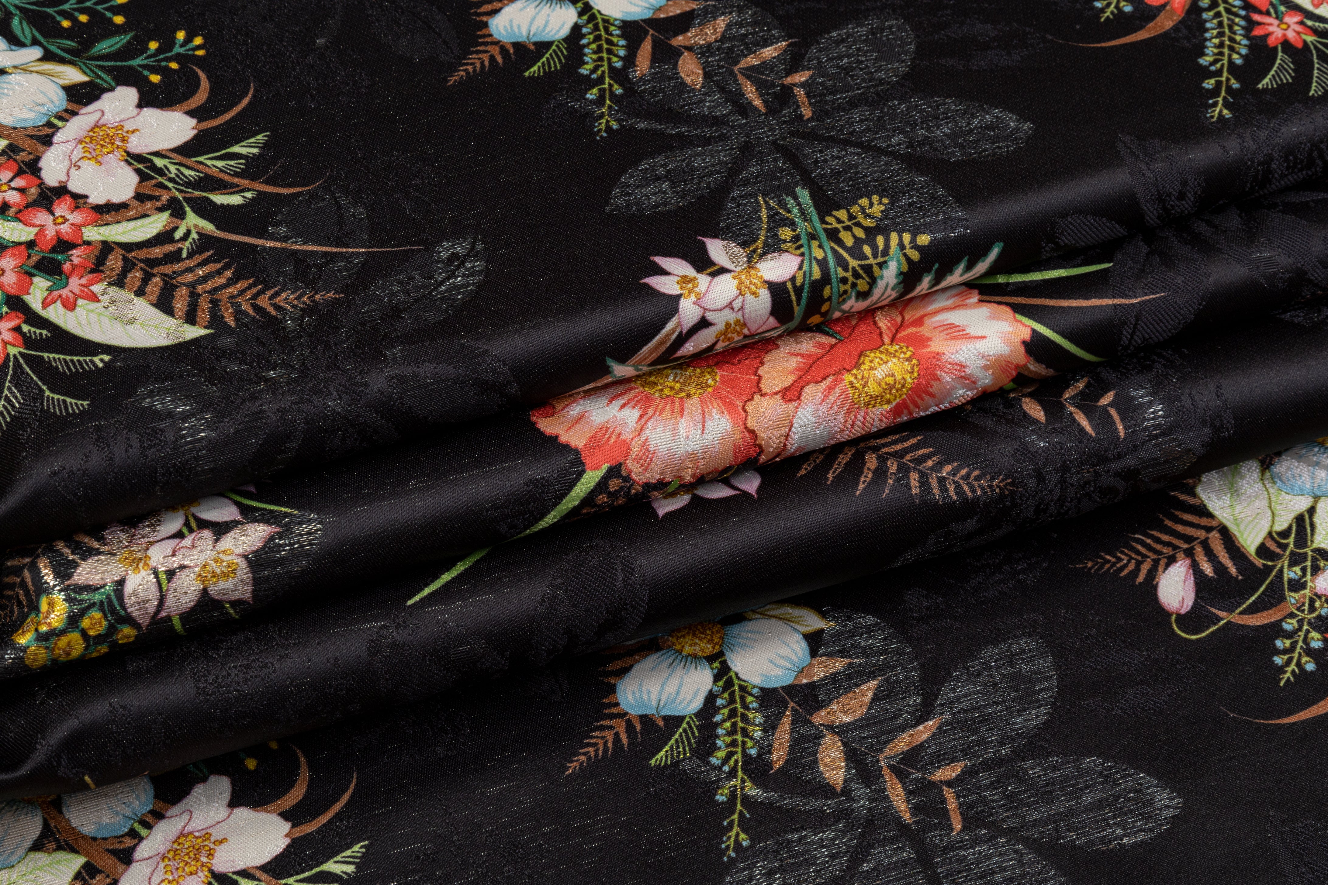 Printed Metallic Floral Brocade - Black / Multicolor