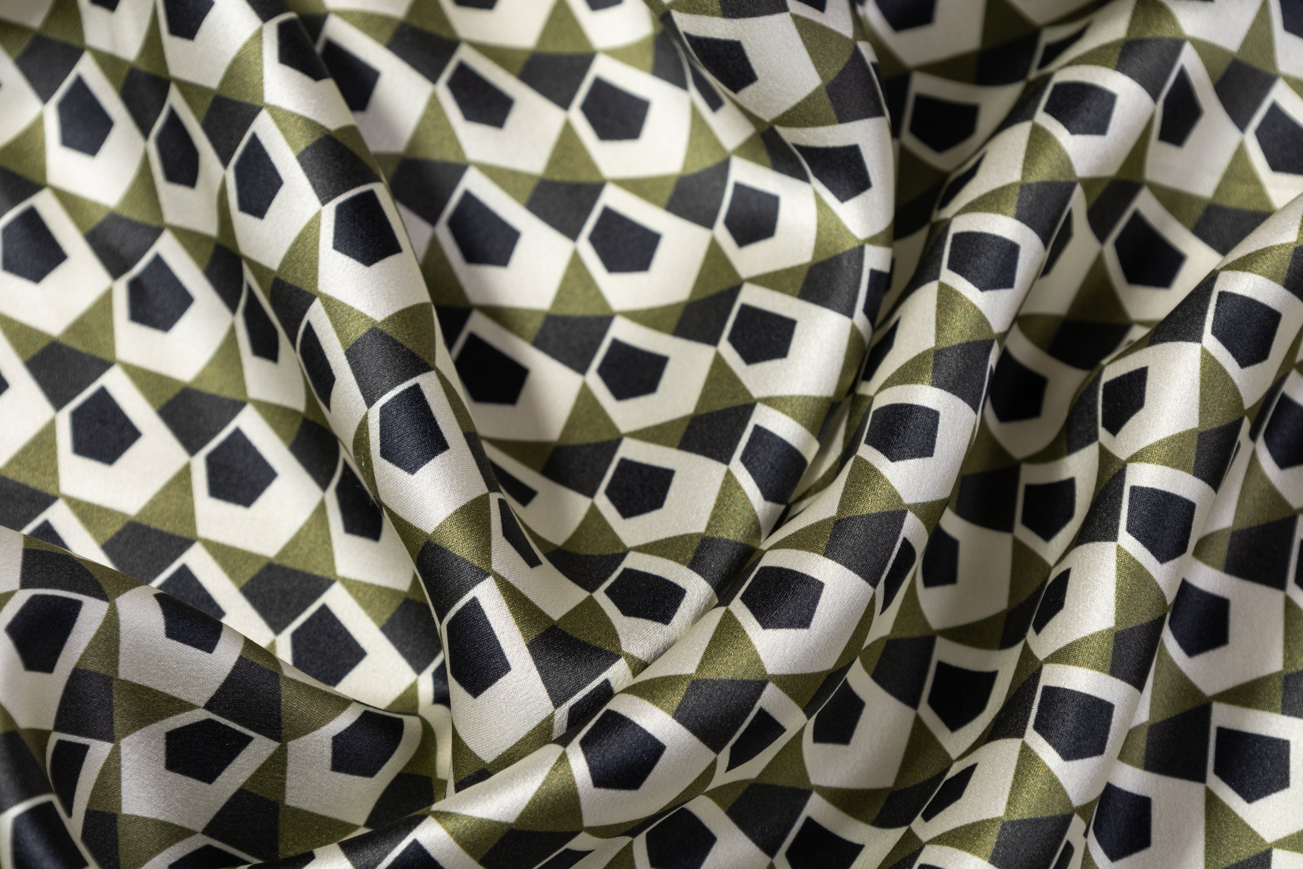 Geometric Silk Charmeuse - Black / Green / Off White