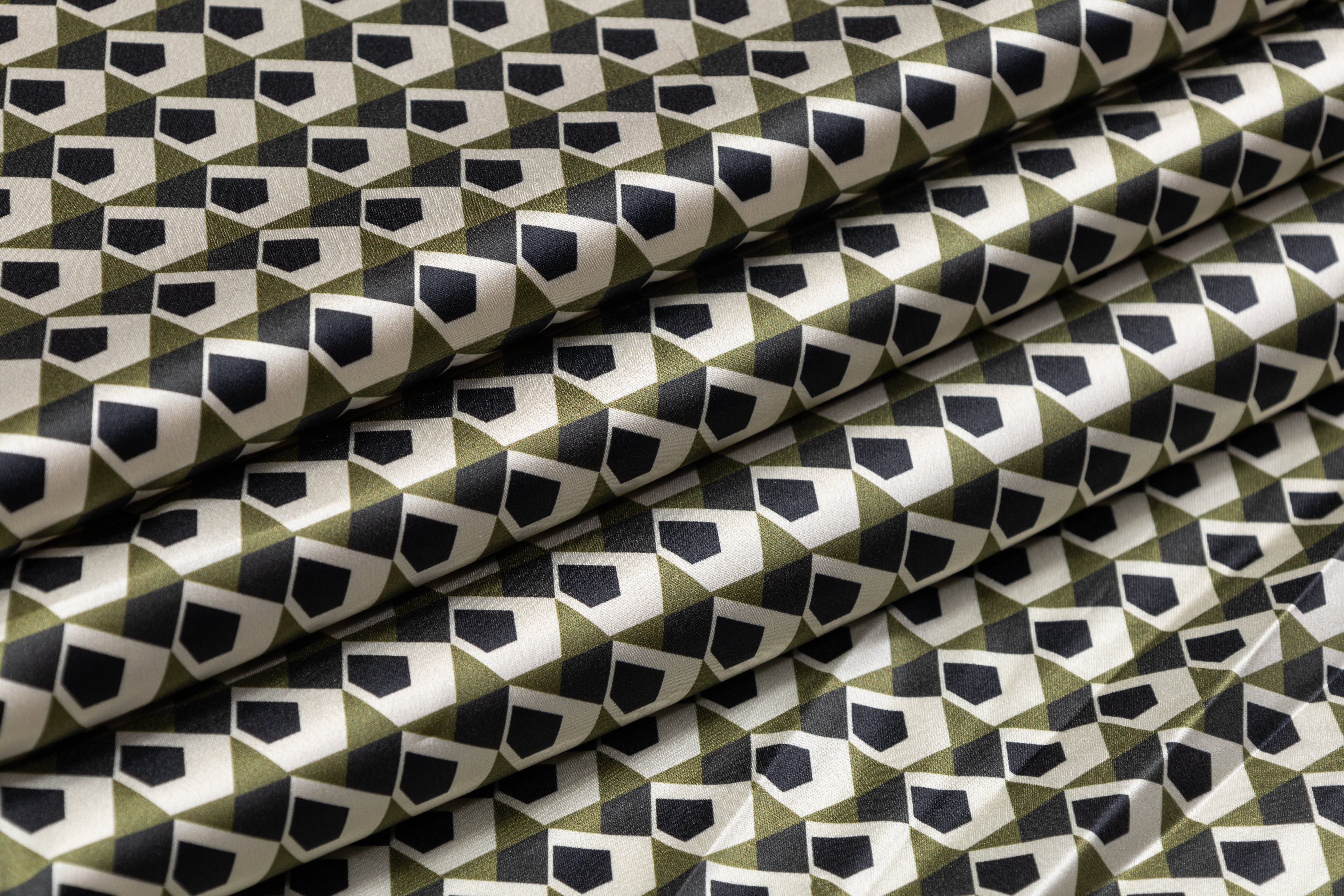 Geometric Silk Charmeuse - Black / Green / Off White