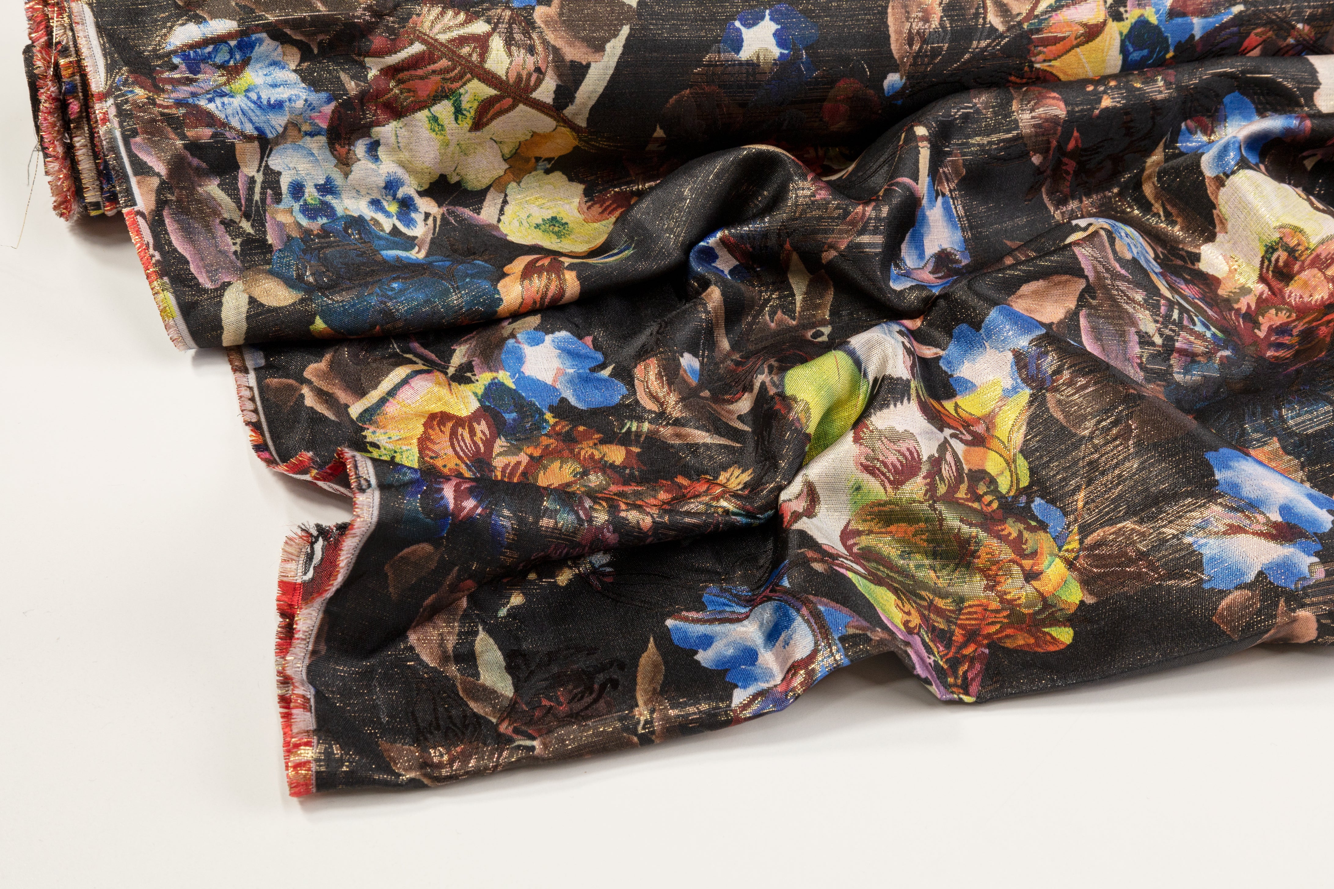 Printed Metallic Floral Brocade - Black / Multicolor