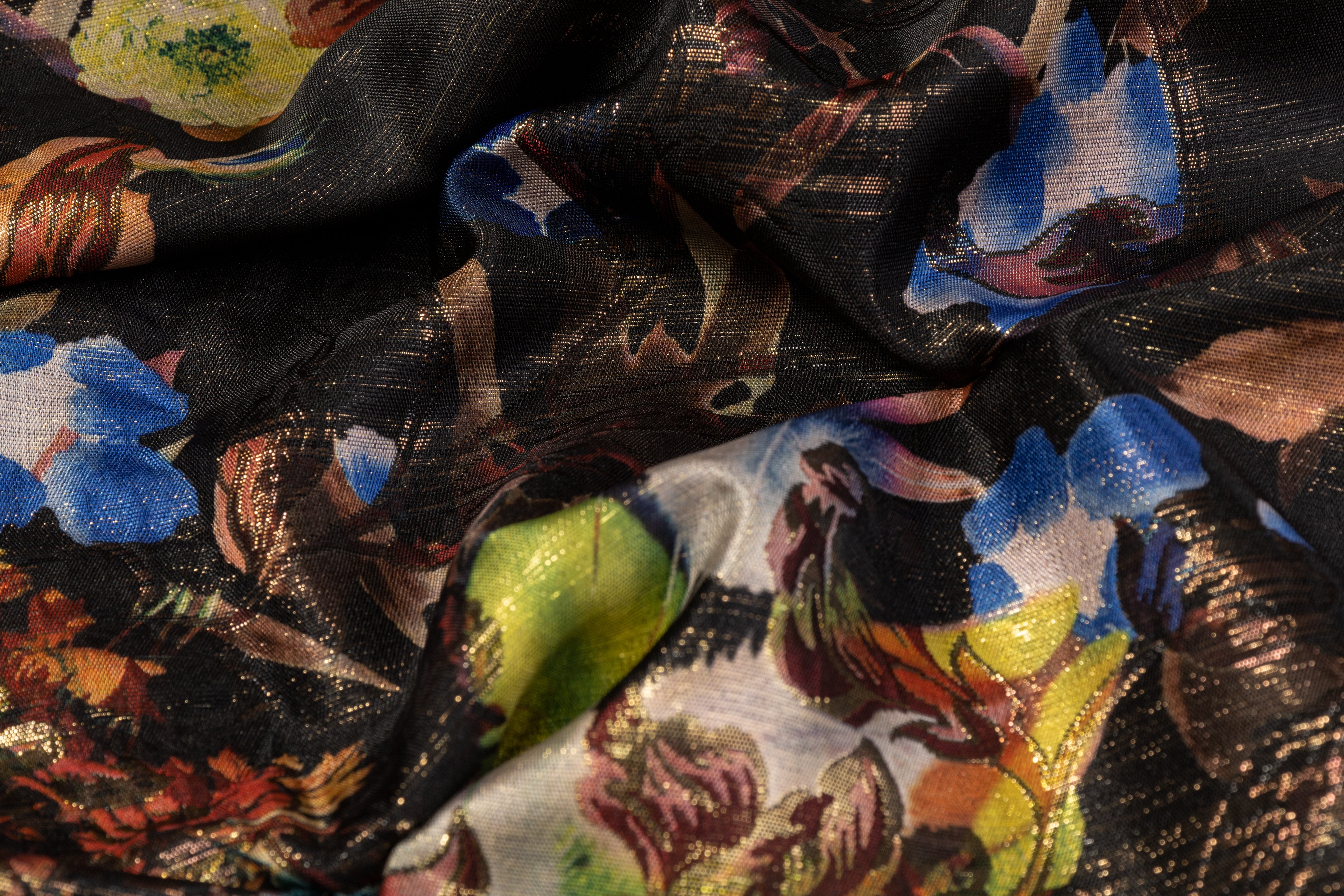 Printed Metallic Floral Brocade - Black / Multicolor