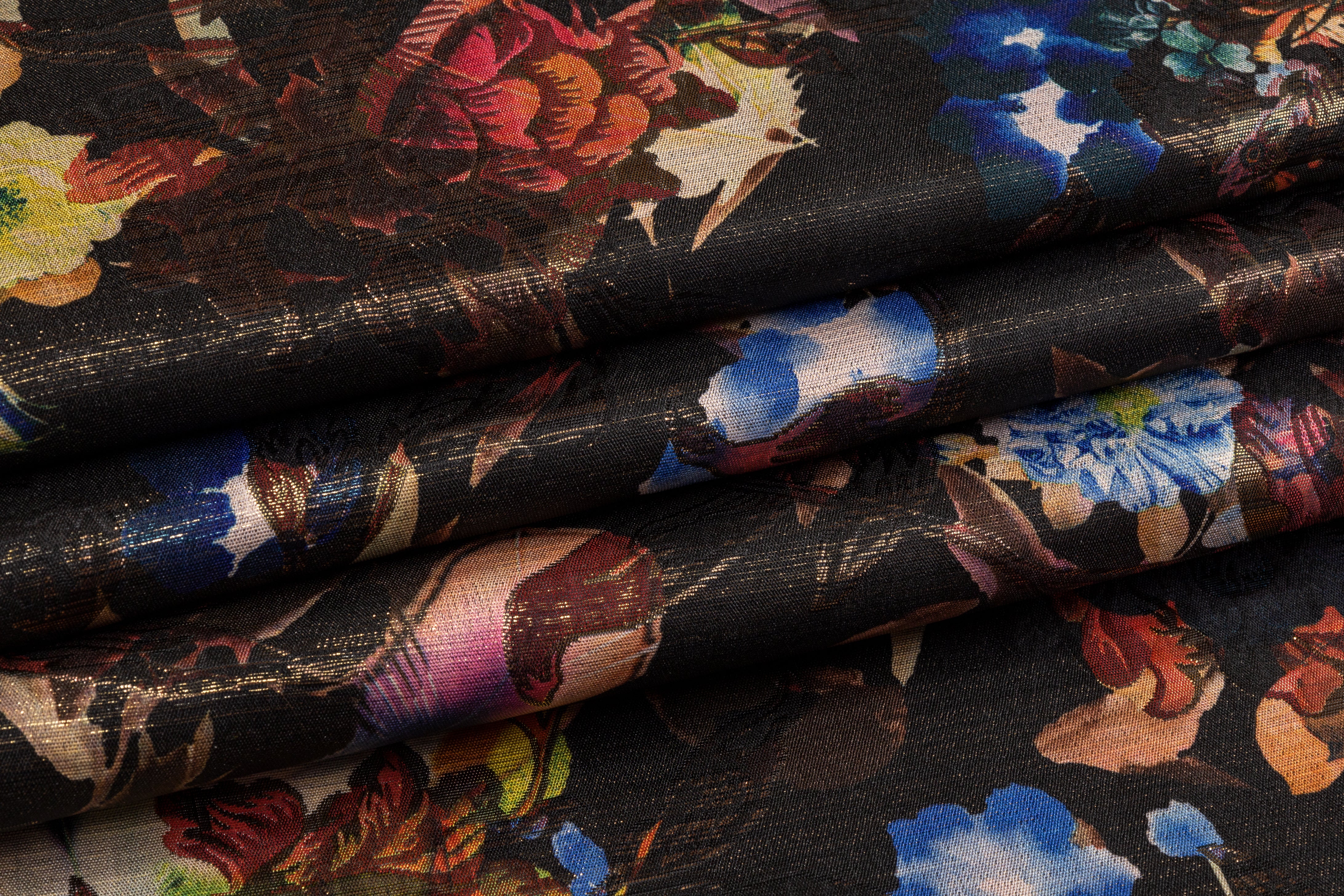 Printed Metallic Floral Brocade - Black / Multicolor