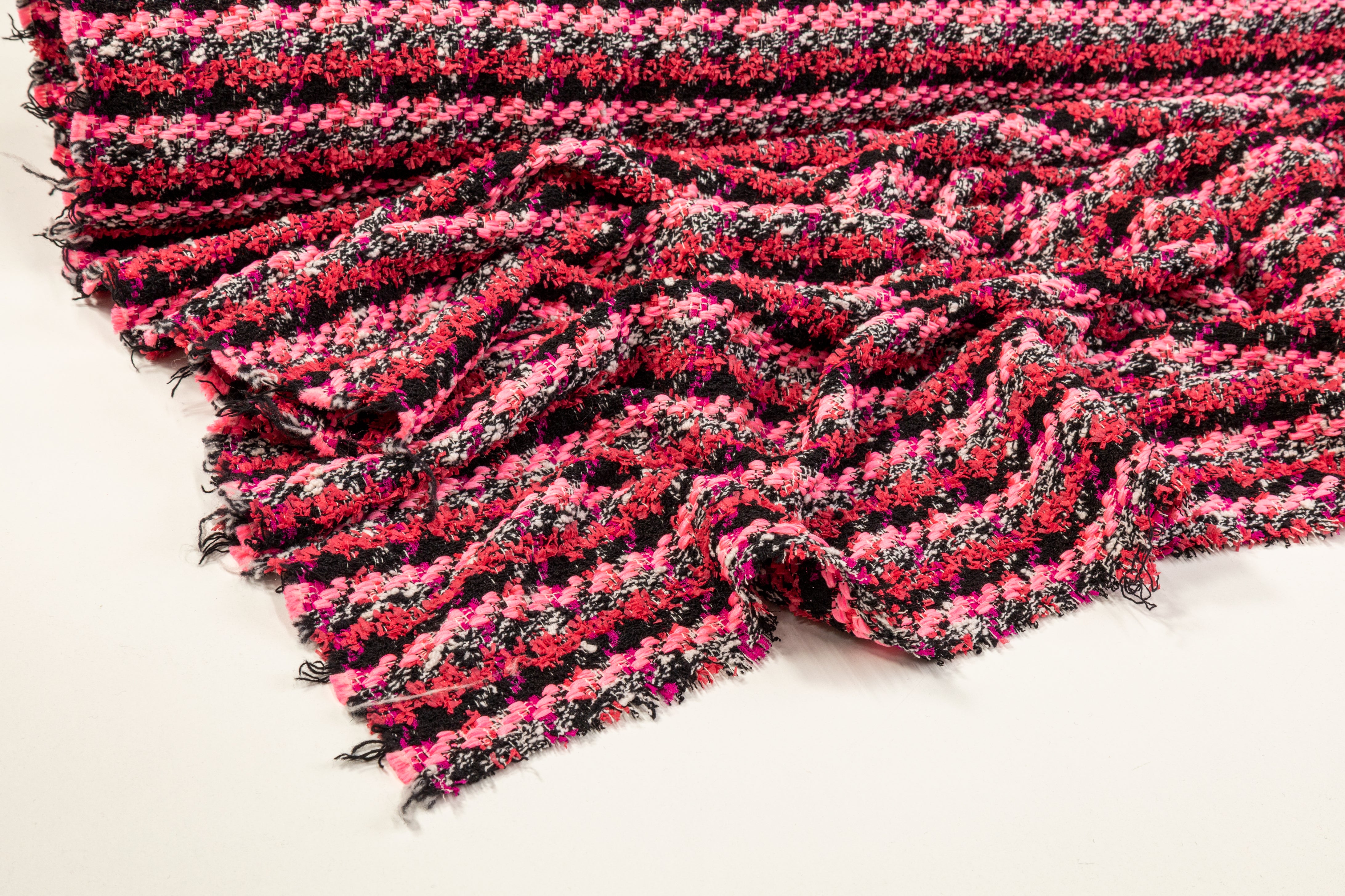 Striped Poly Wool Tweed - Pink / Black / White