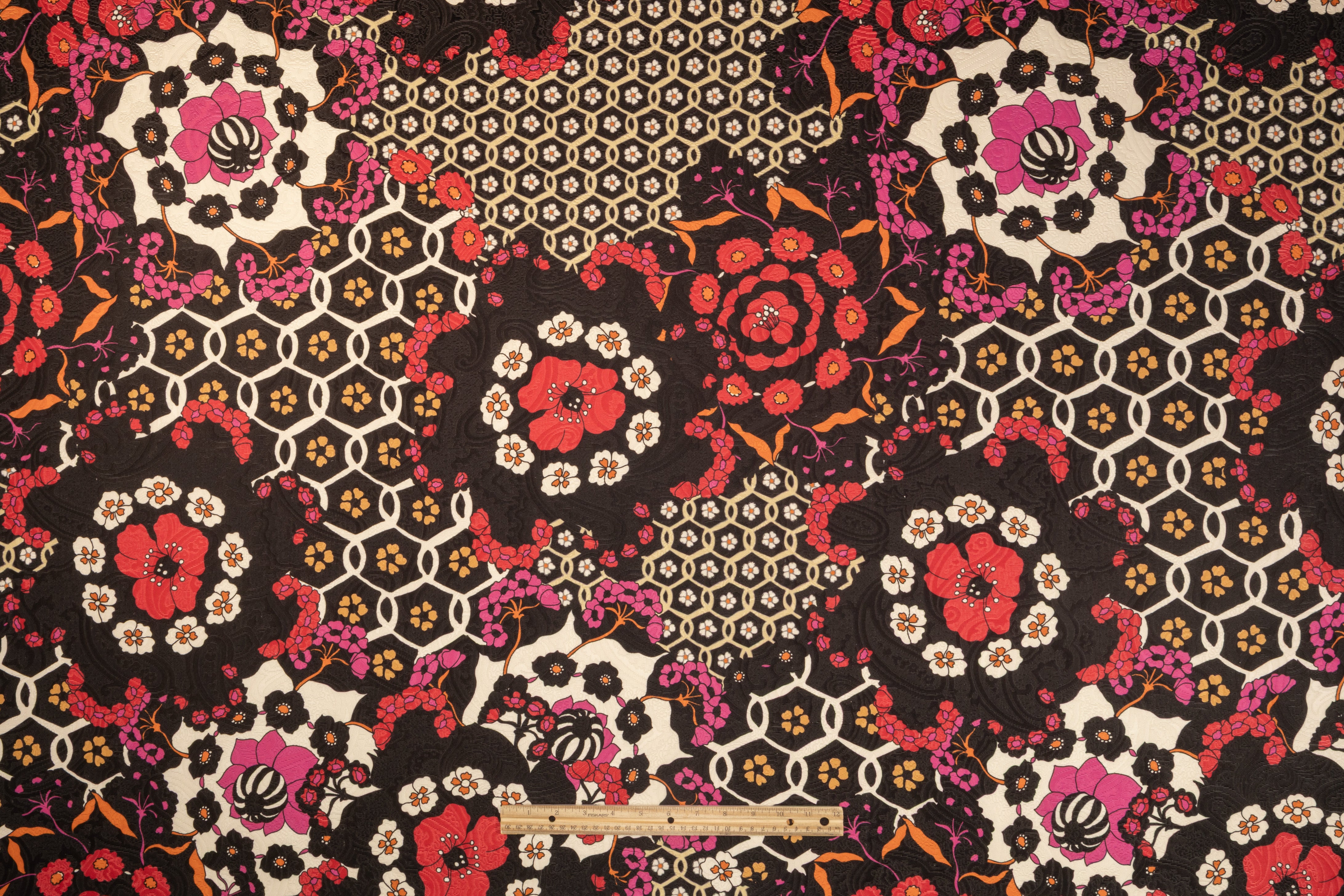 Floral Printed Italian Poly Cotton Brocade - Red / Fuchsia / Black