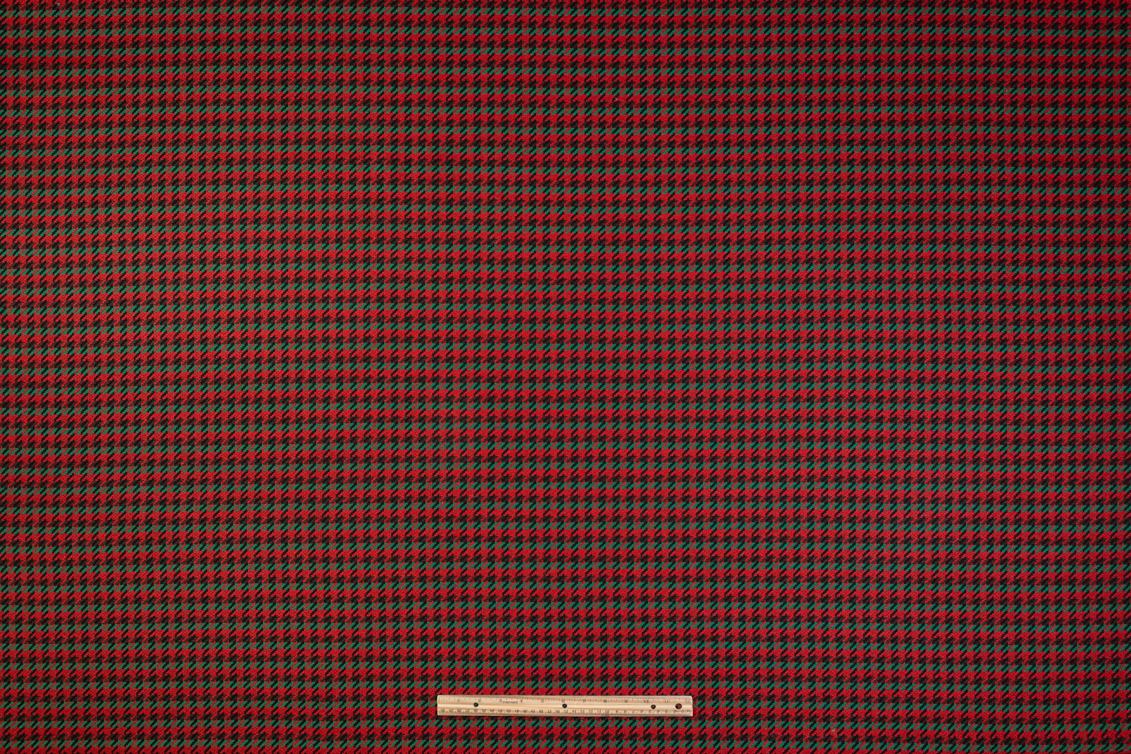 Houndstooth Italian Wool Nylon Coating - Red / Green / Brown