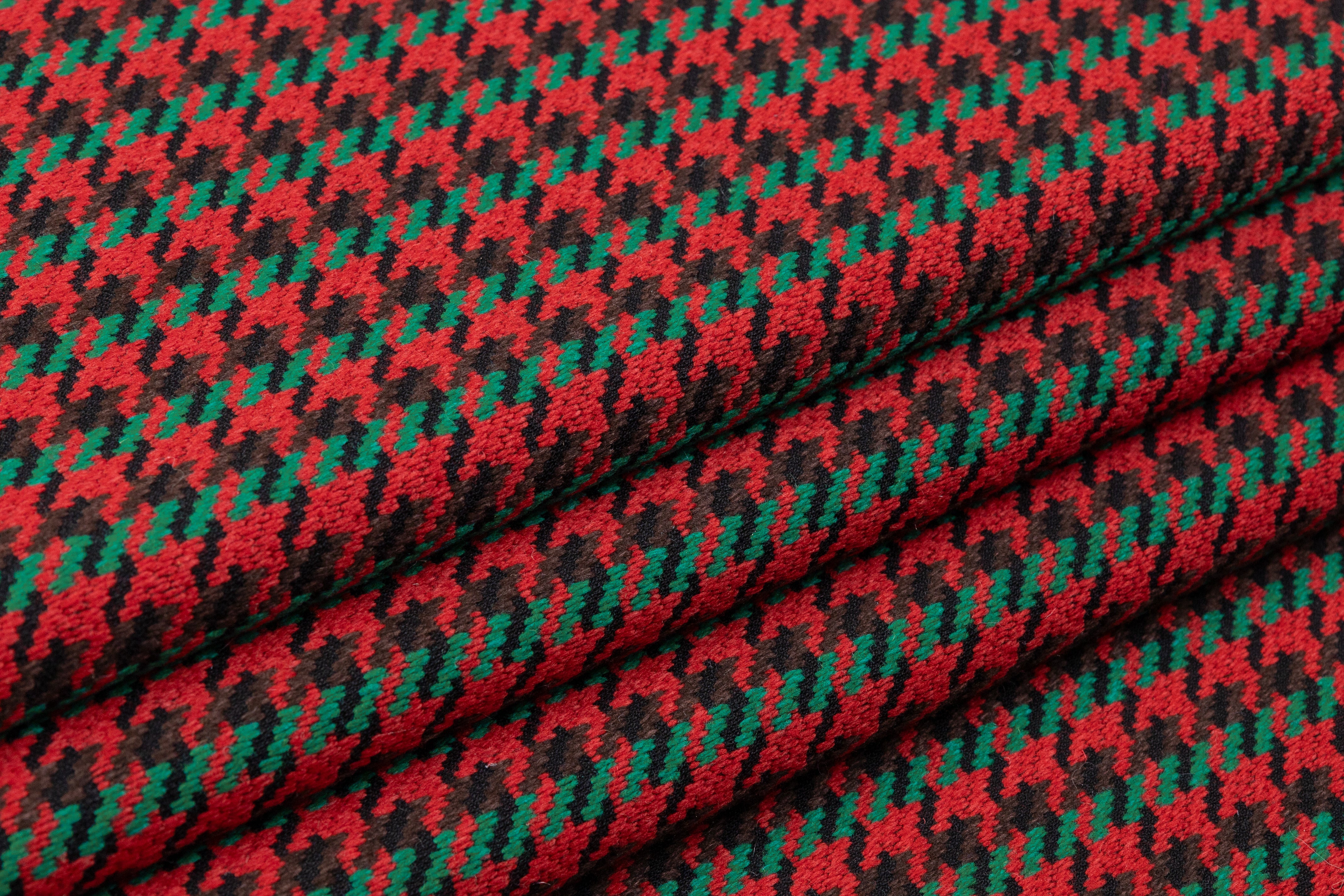 Houndstooth Italian Wool Nylon Coating - Red / Green / Brown