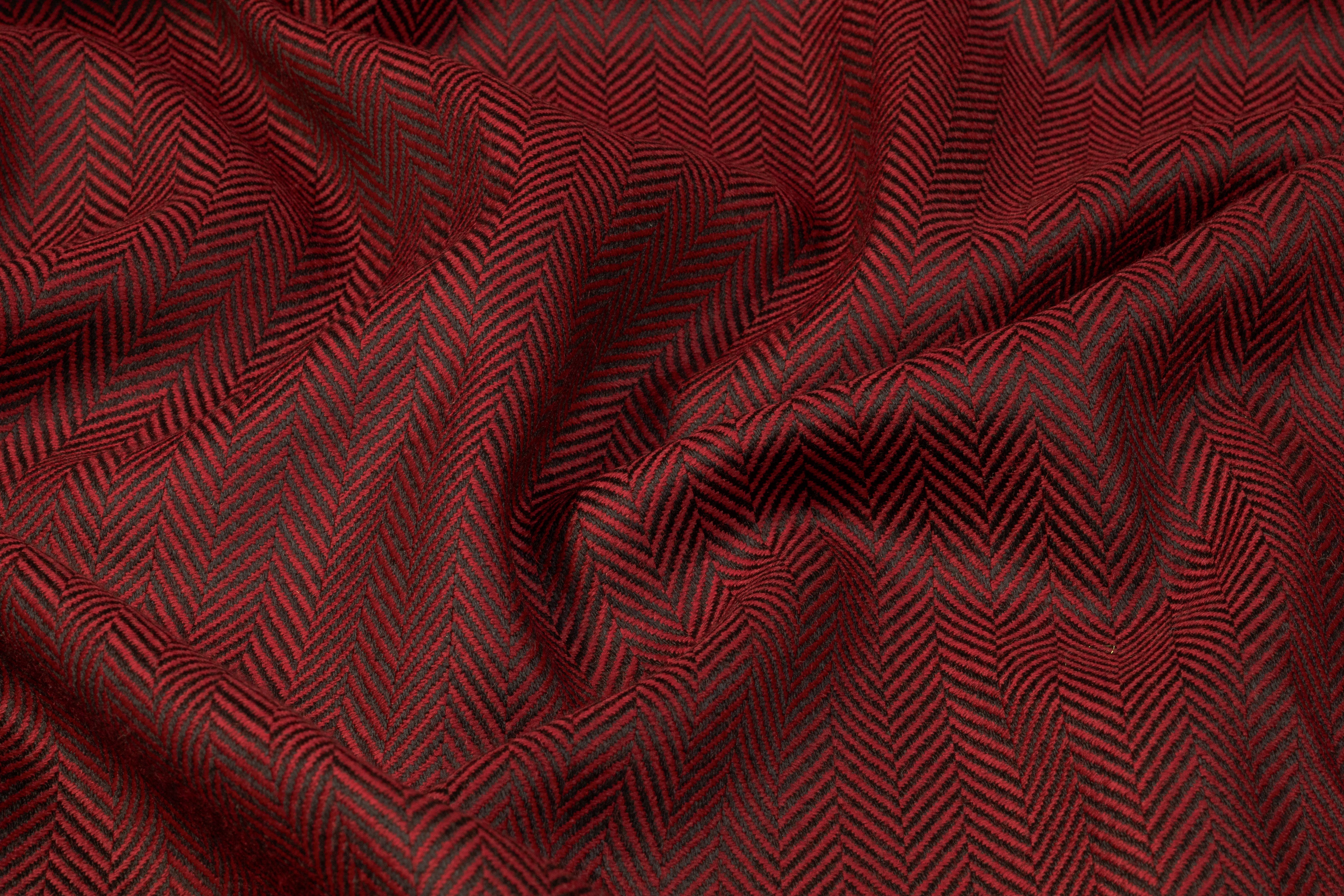 Italian Herringbone Wool Suiting - Red / Black