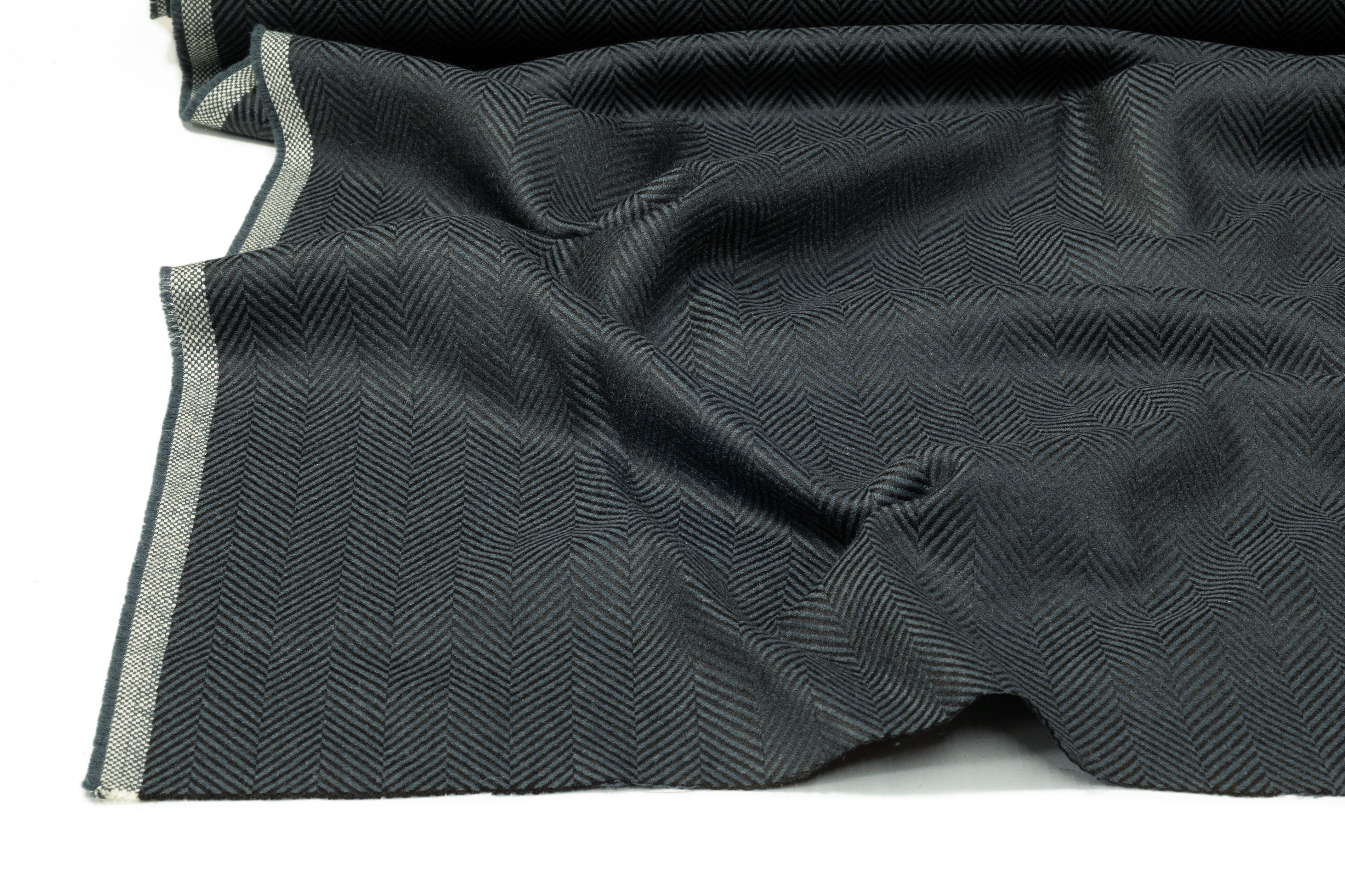 Herringbone Italian Wool Suiting - Dark Teal / Black