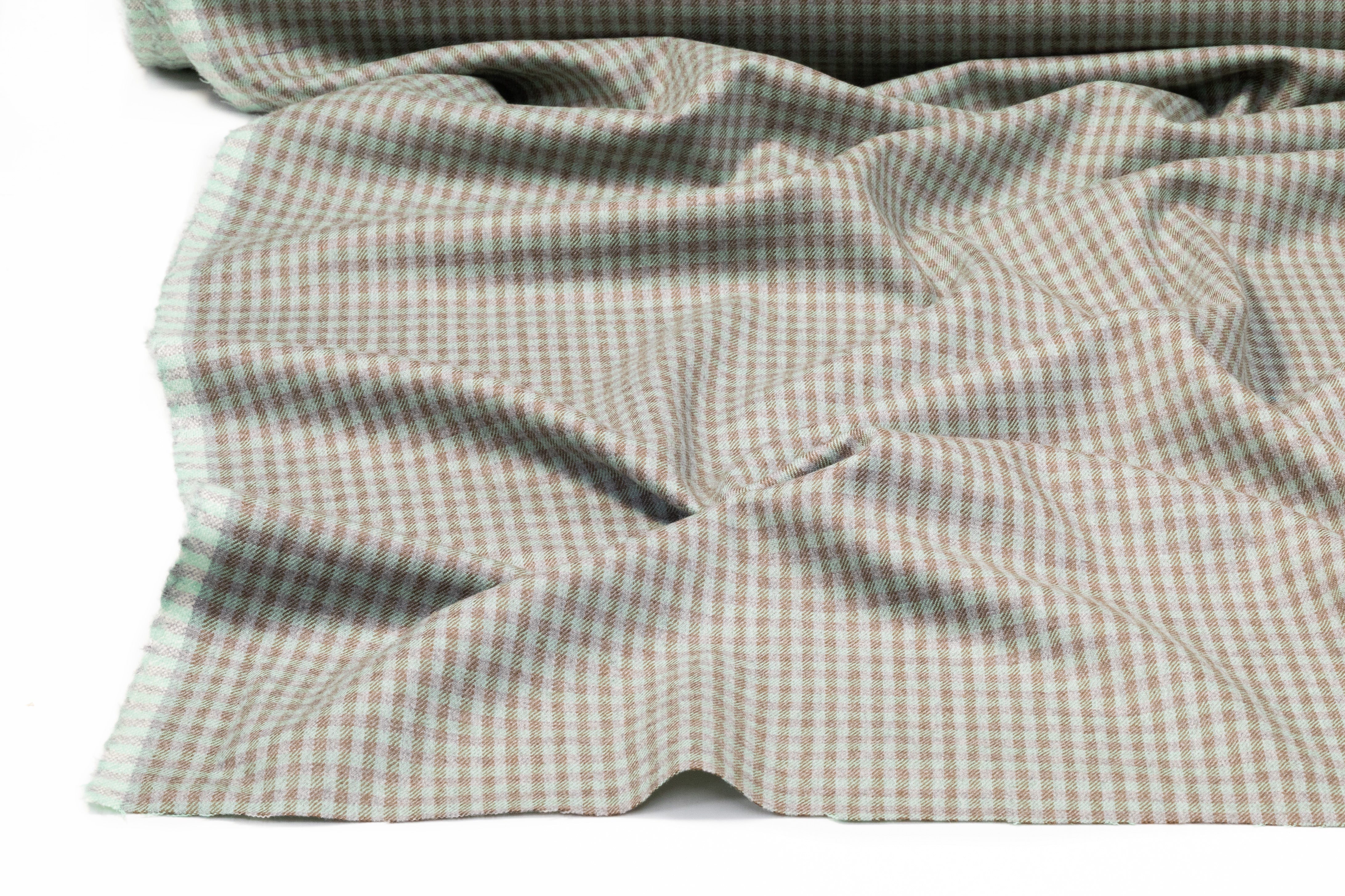Checked Italian Stretch Wool Flannel - Mint Green / Gray