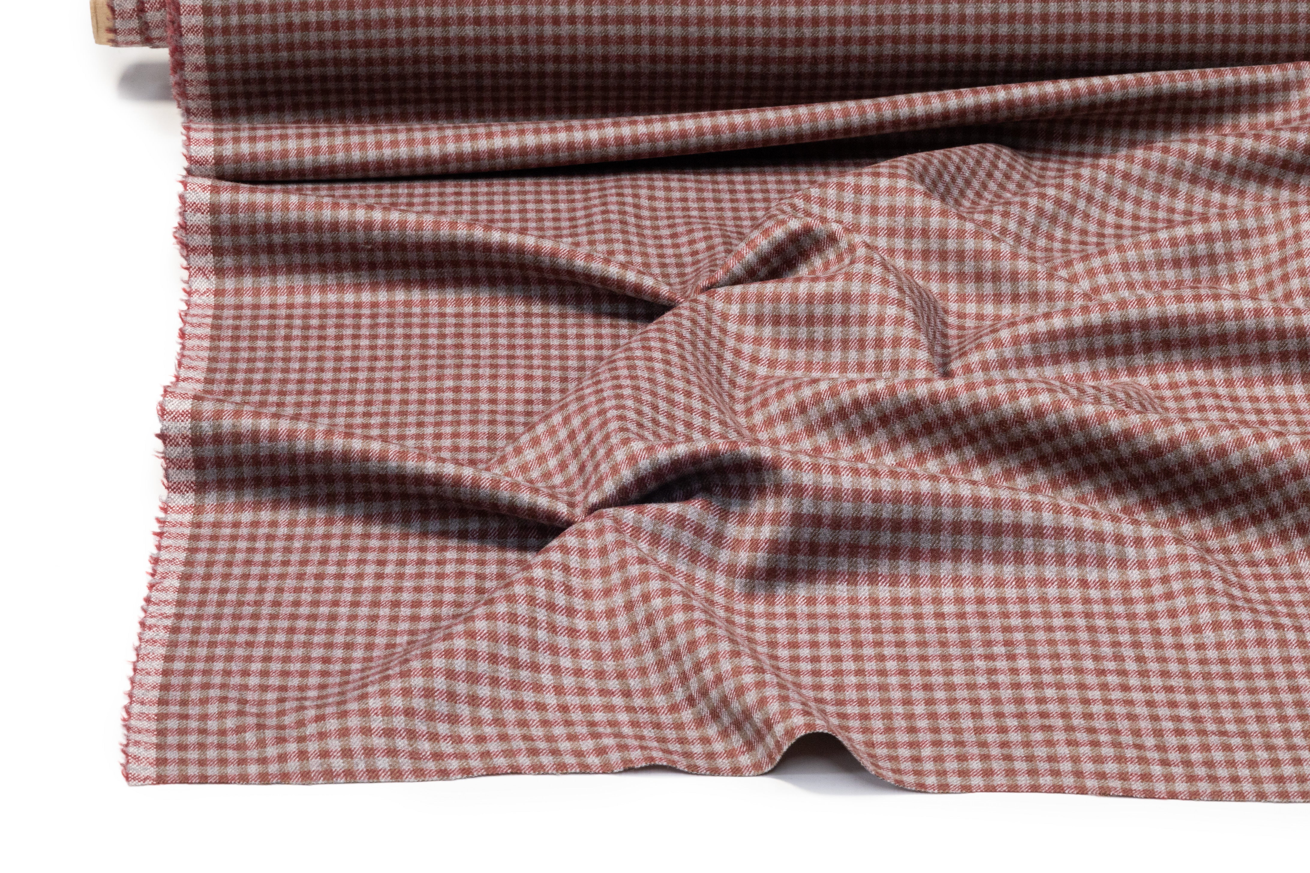 Checked Italian Stretch Wool Flannel - Brick Red / Taupe / Gray
